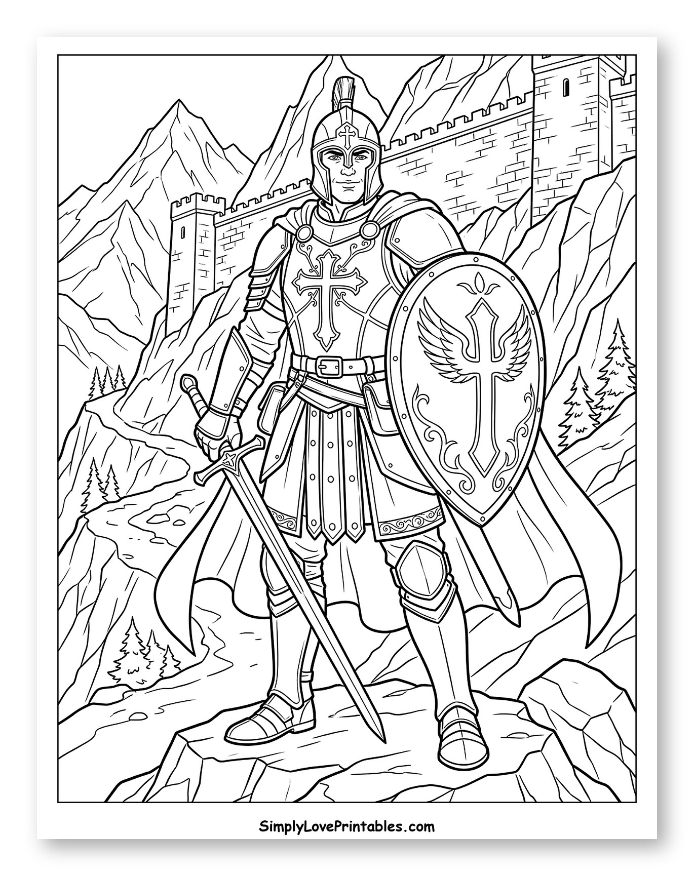 Christian Knight in Armor with Cross Shield Coloring Page