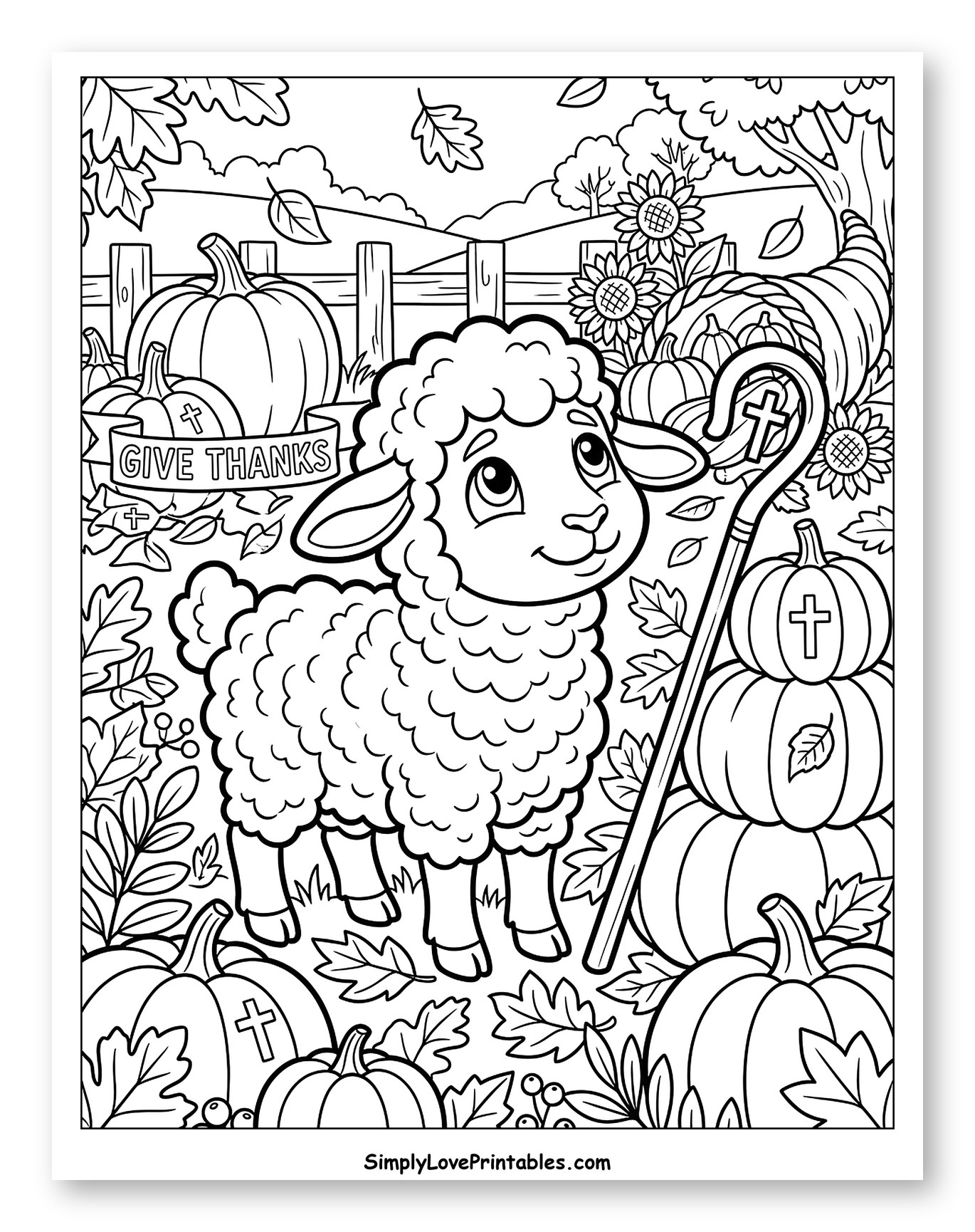 Christian Thanksgiving Lamb with Harvest Pumpkins Coloring Sheet for Kids