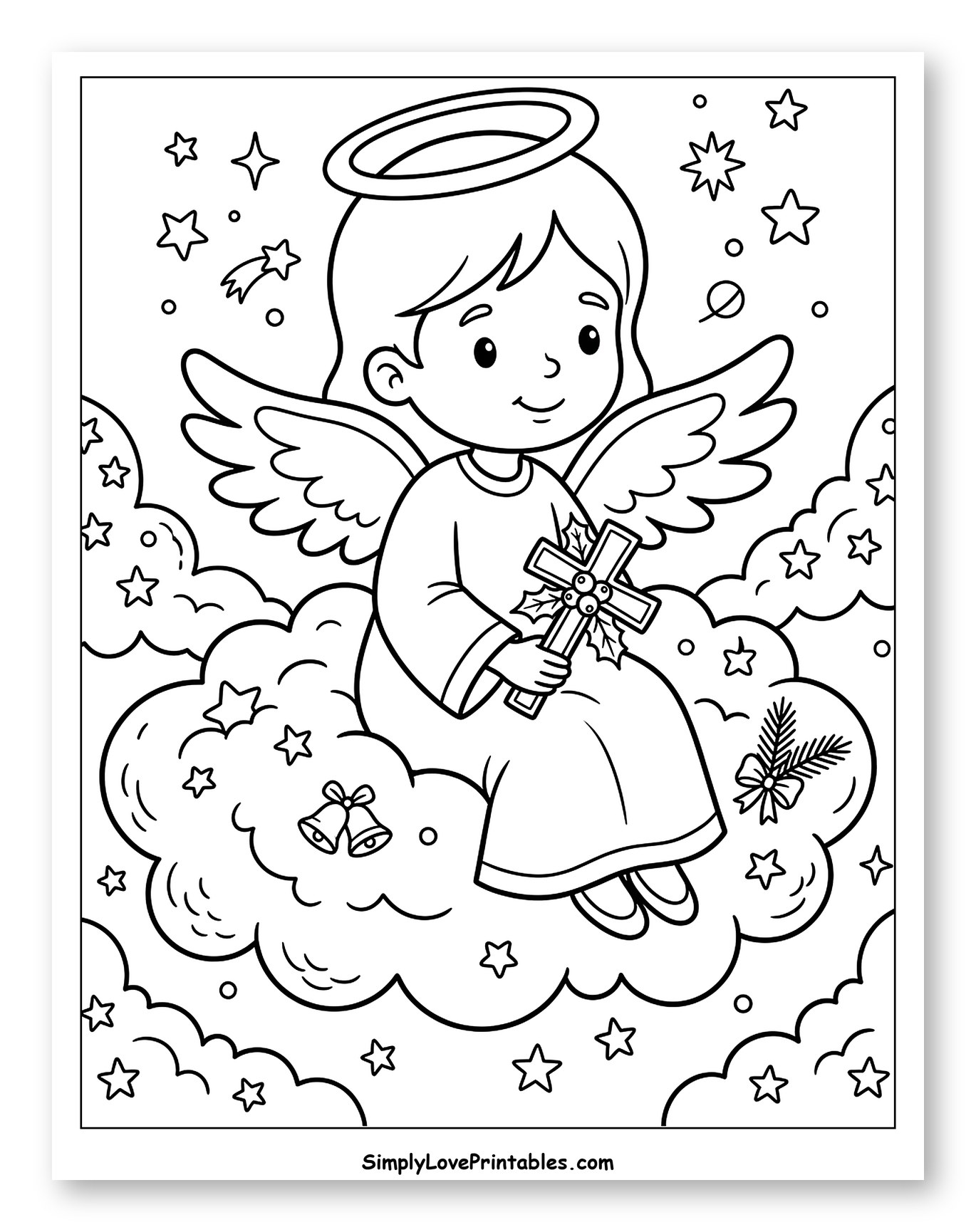Christmas Angel on Clouds Holding Holly Cross Coloring Page for Kids