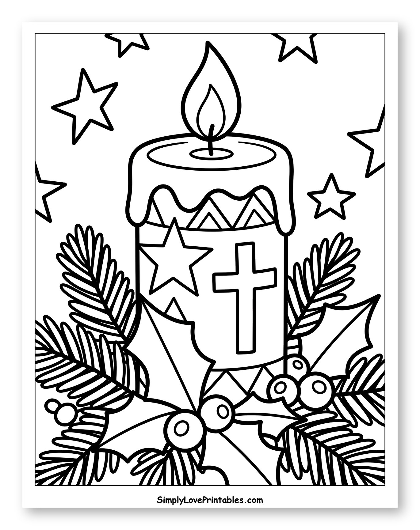 Christmas Candle with Cross, Holly, and Stars Coloring Page for Toddlers