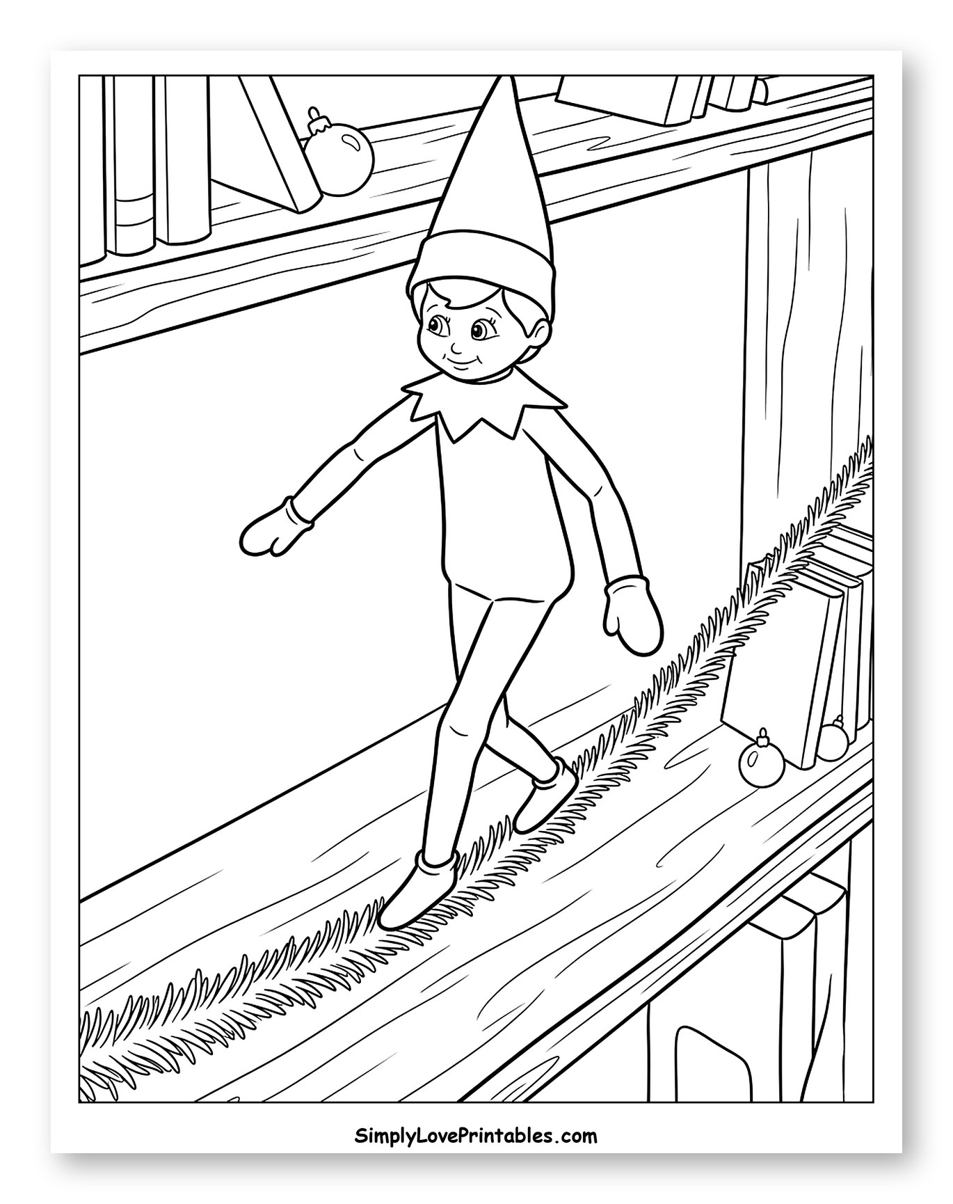 Christmas Elf Balancing on a Bookshelf Garland Coloring Page