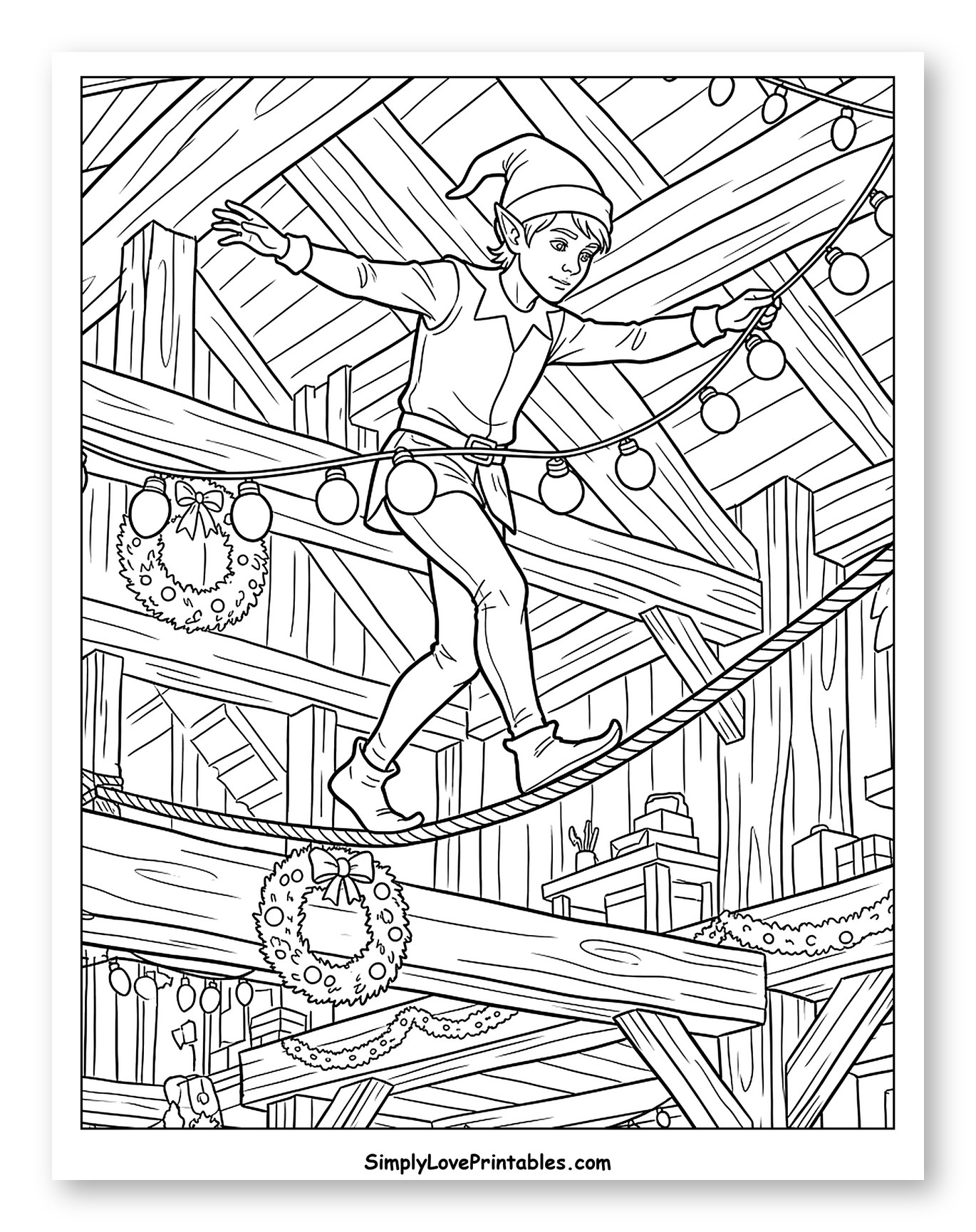 Christmas Elf Balancing on a Workshop Rope to Color