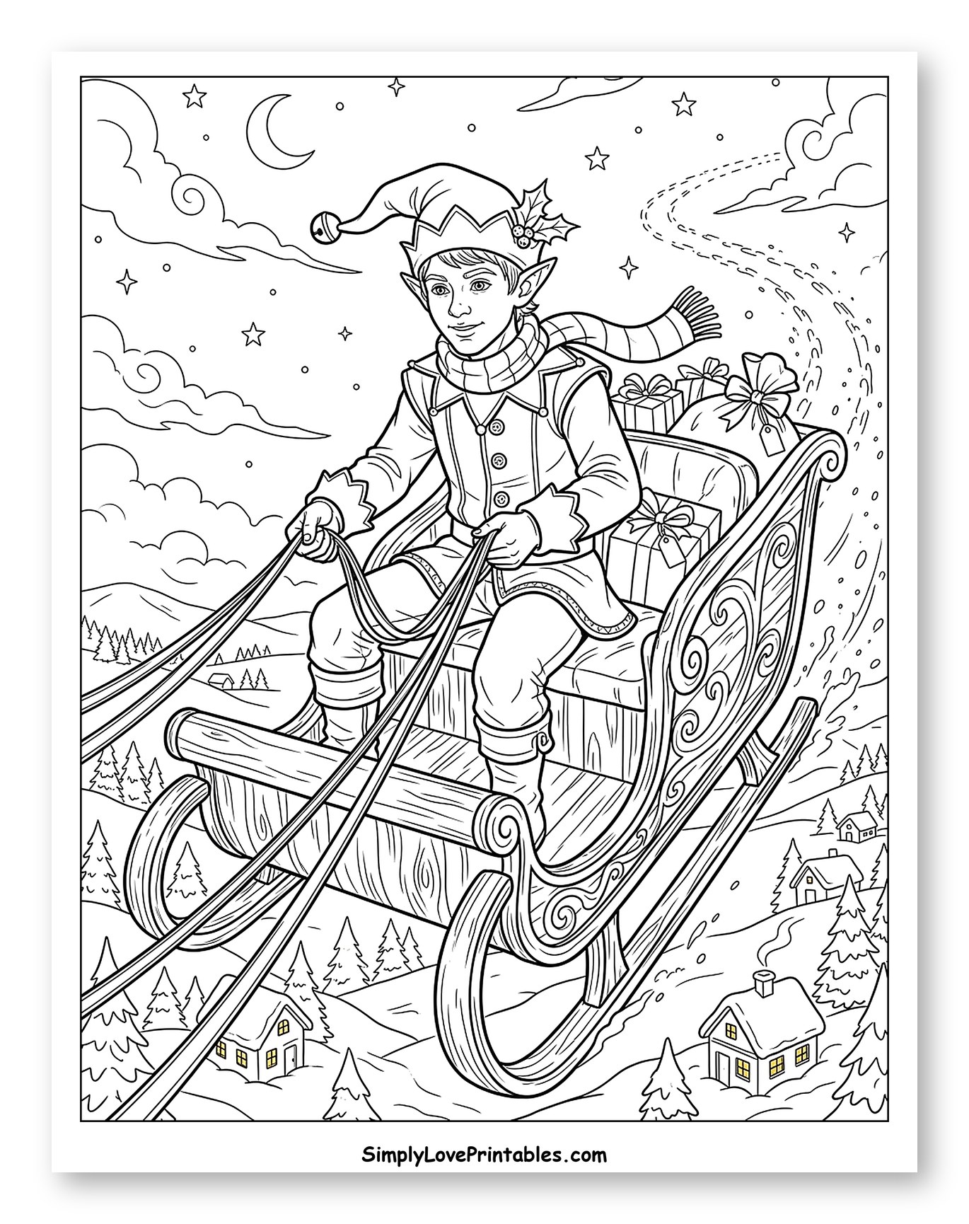 Christmas Elf Driving a Flying Magic Sleigh Coloring Sheet
