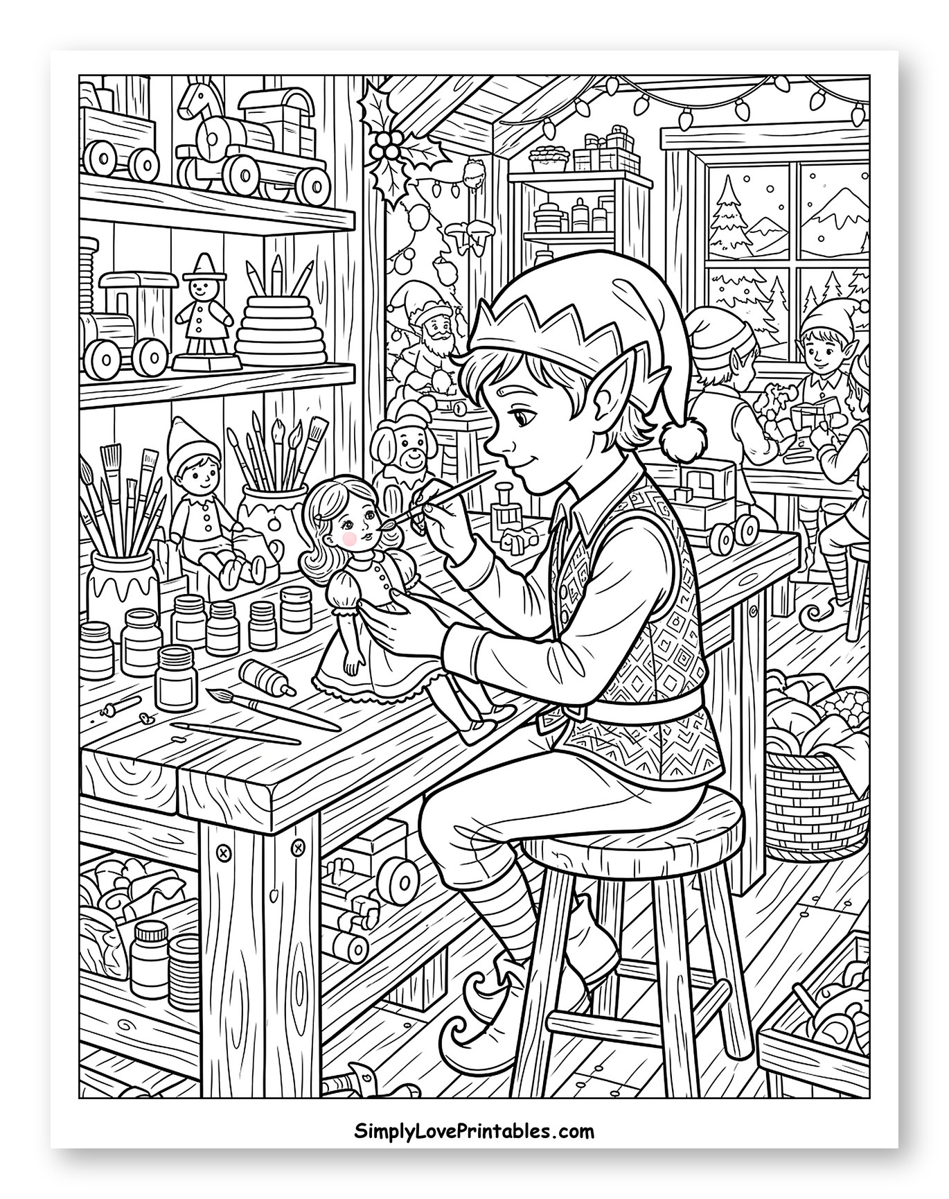 Christmas Elf Painting a Doll at His Workbench