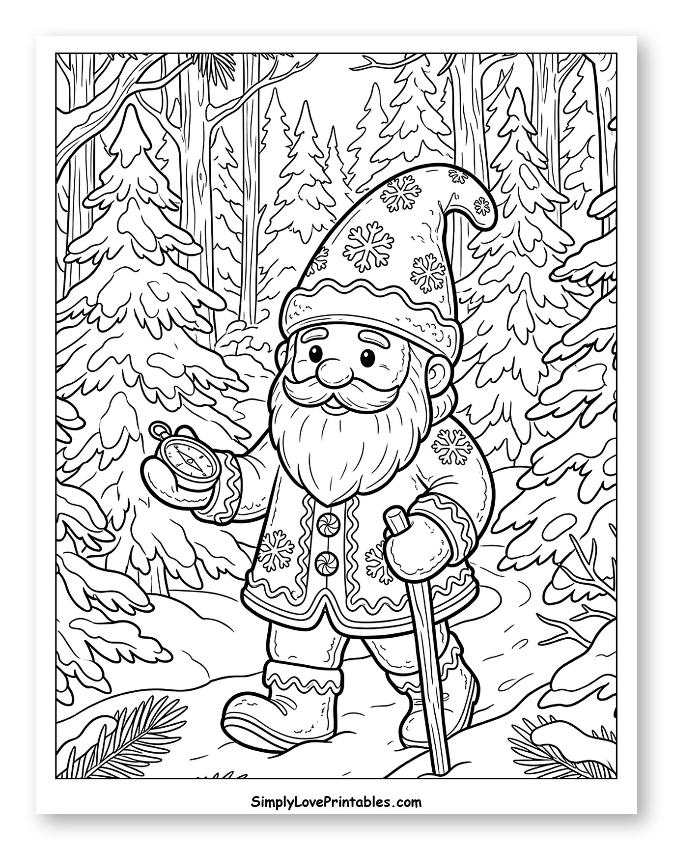 Christmas Gnome Exploring a Snowy Pine Forest Coloring Sheet