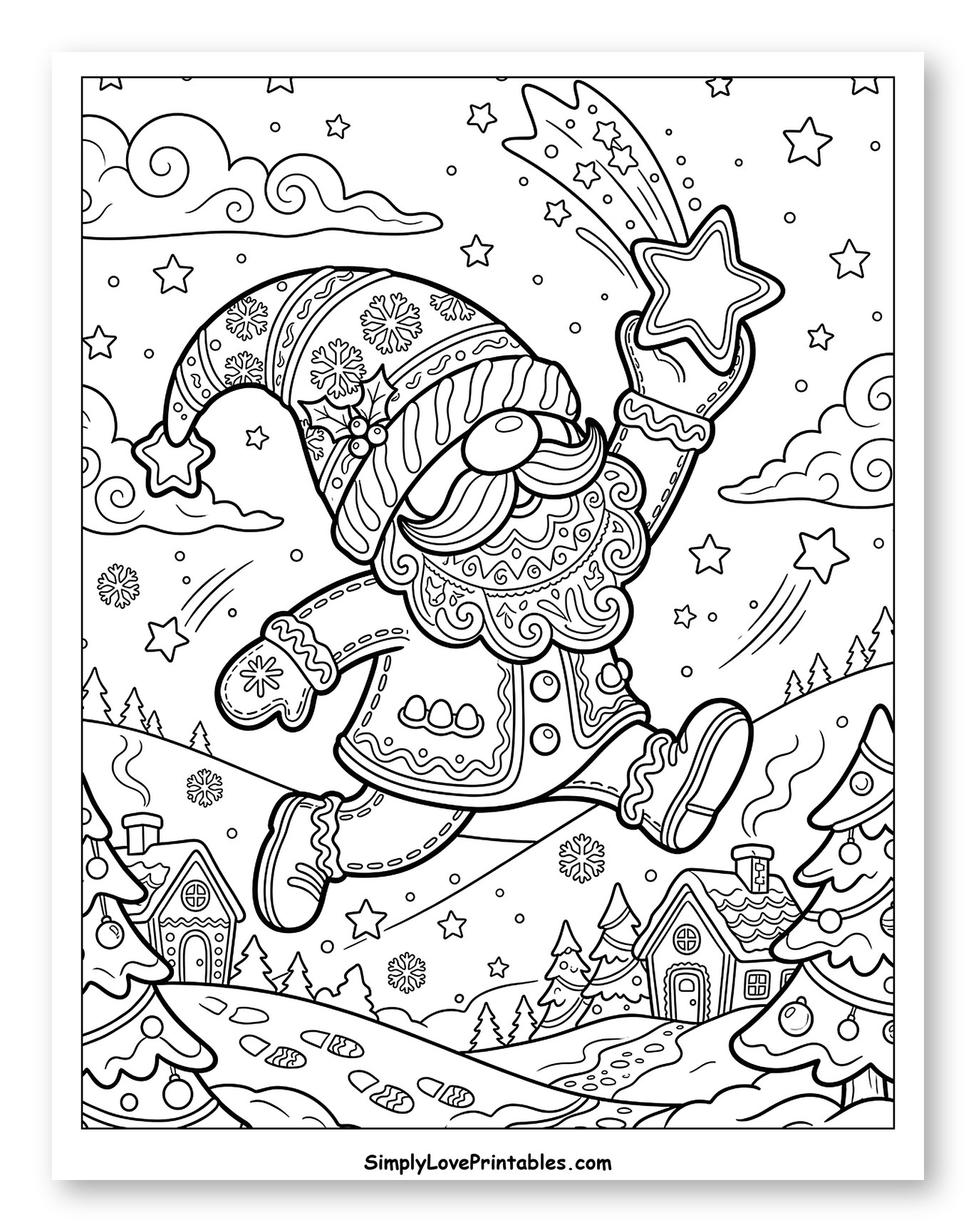 Christmas Gnome Leaping with a Shooting Star to Color