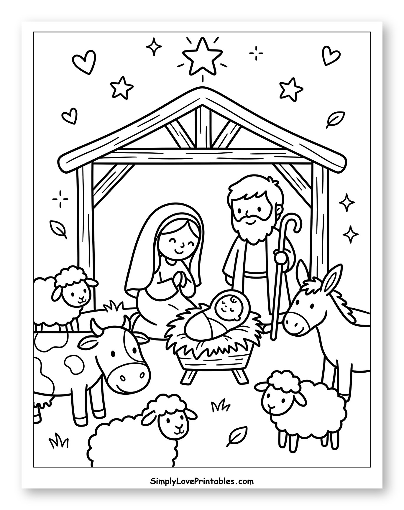 Christmas Nativity Scene with Animals to Color for Adults