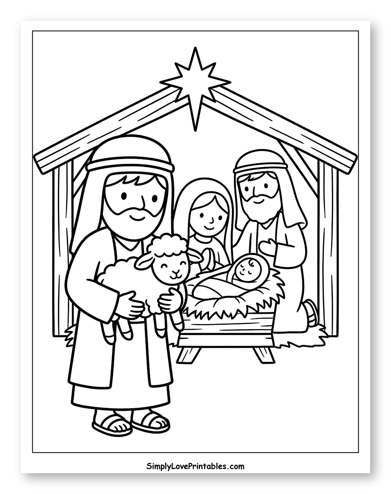 Christmas Nativity Scene with Star and Shepherd Coloring Sheet for Toddlers