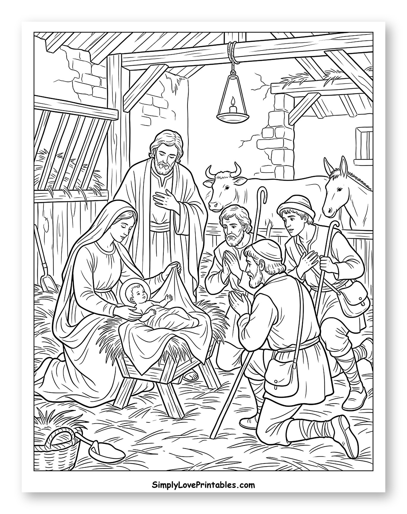 Christmas Nativity Scene with Worshiping Shepherds Coloring Page