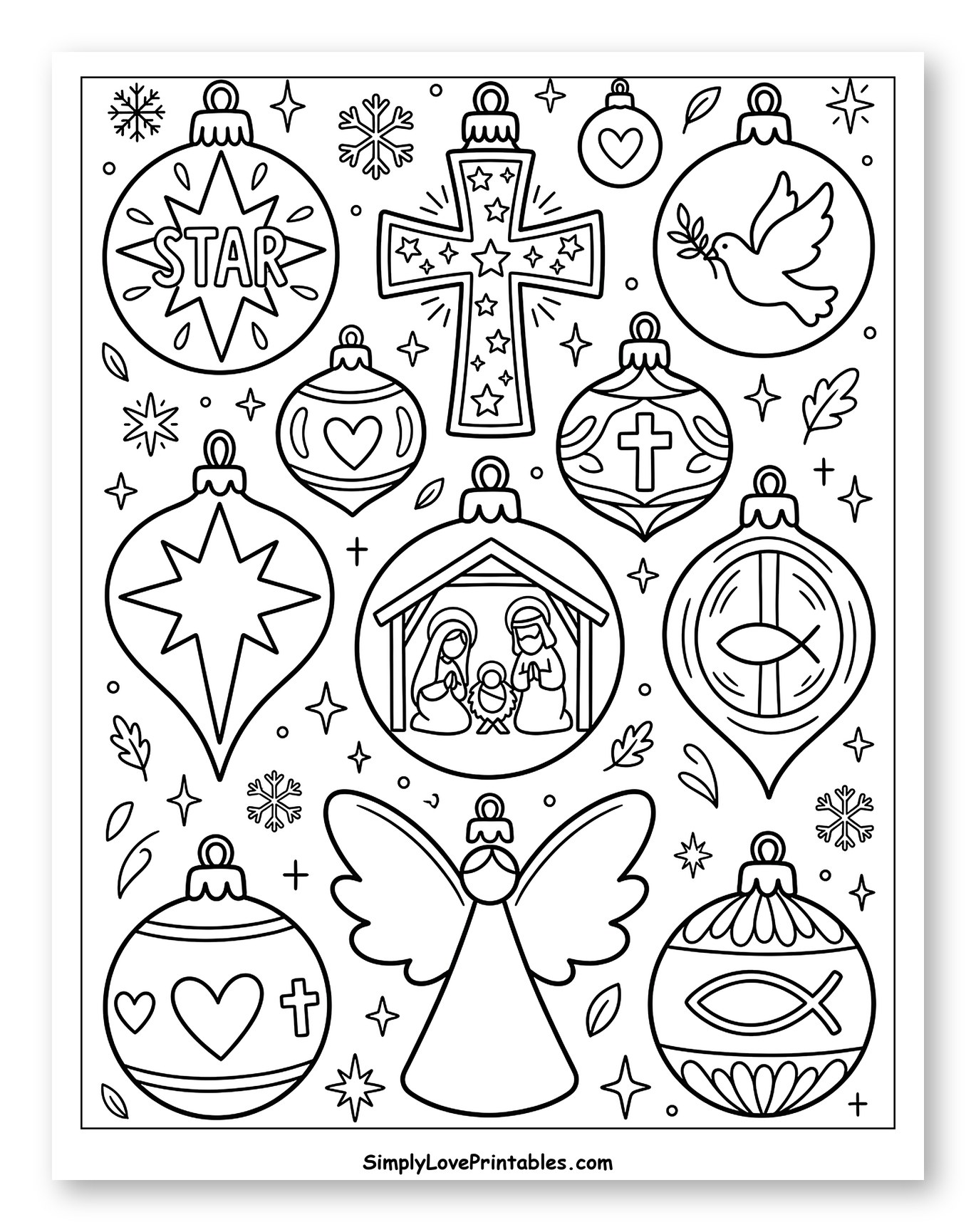 Christmas Ornaments with Christian Symbols Coloring Sheet for Adults