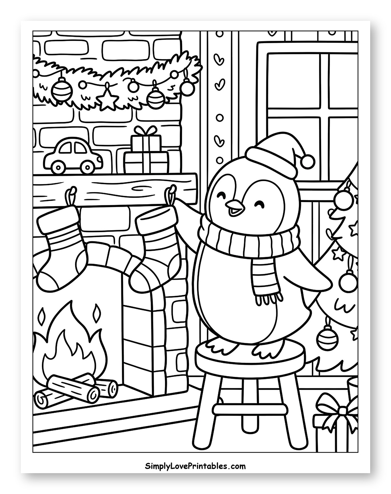 Christmas Penguin Hanging Stockings by the Fireplace to Color for Kids