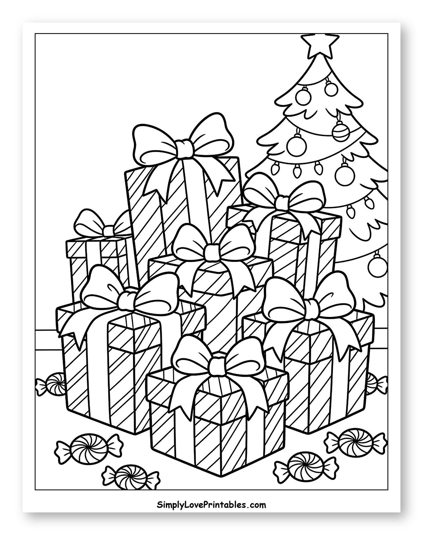Christmas Tree and Stacked Gifts with Peppermints