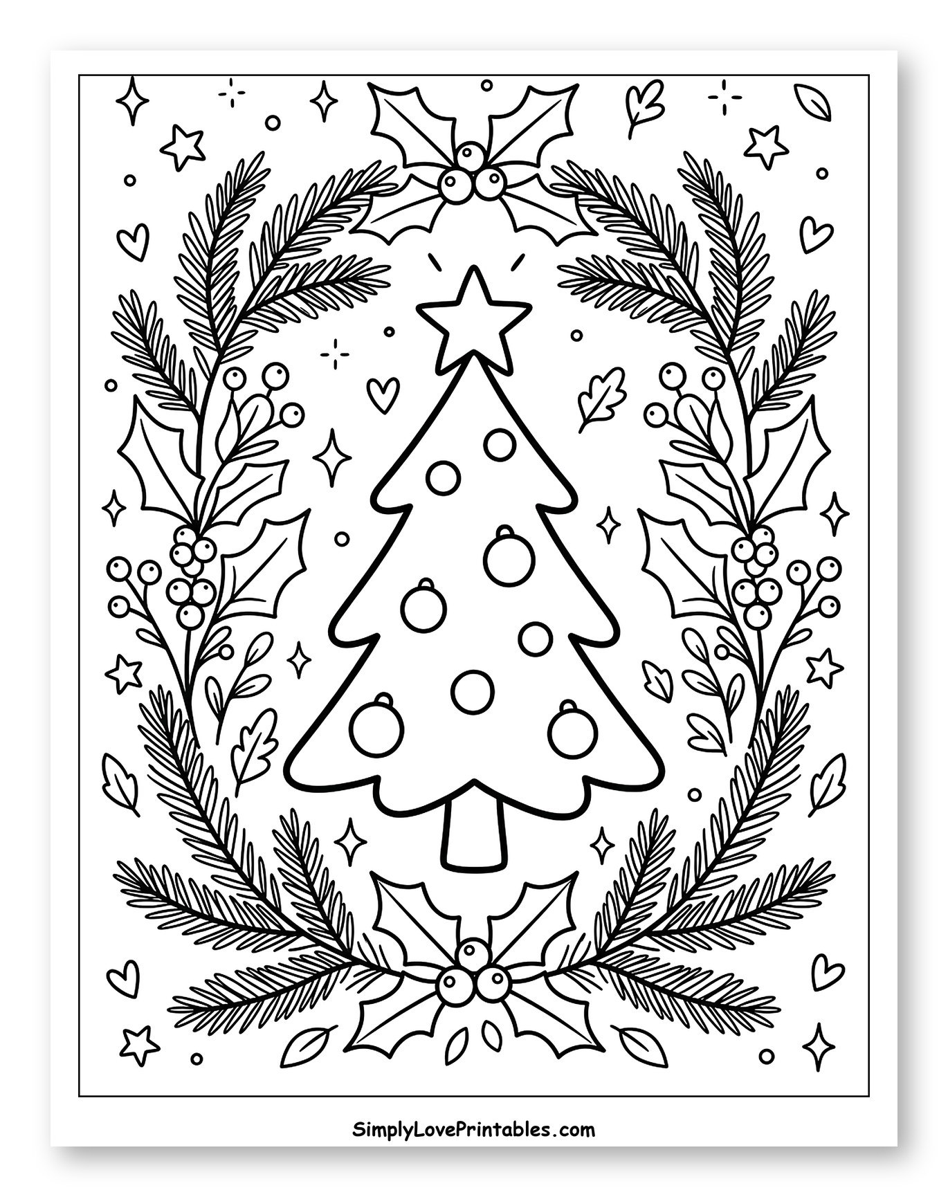 Christmas Tree with Festive Holly and Pine Wreath Coloring Sheet for Adults
