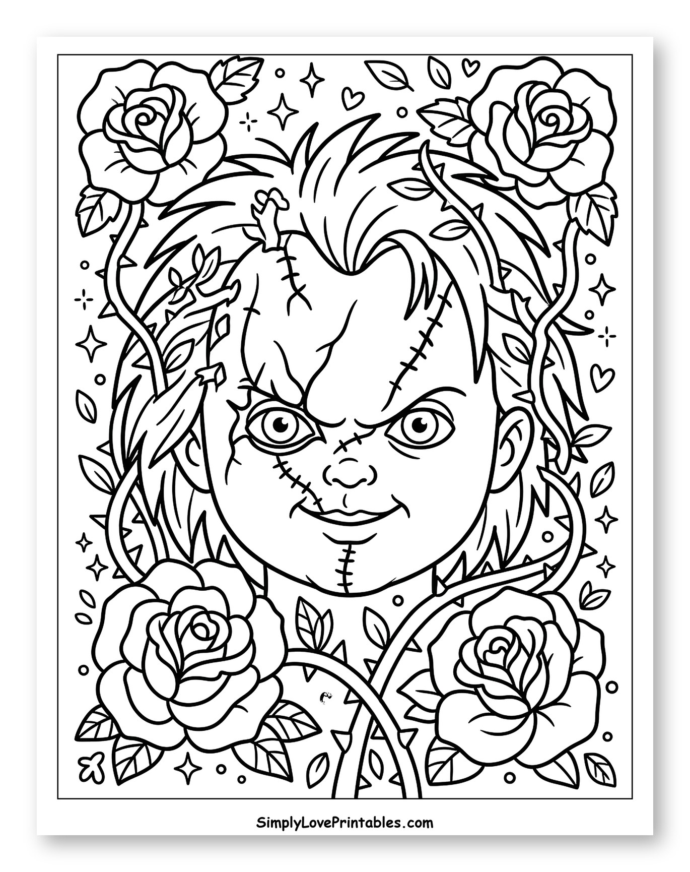 Chucky Doll Head with Roses and Thorns