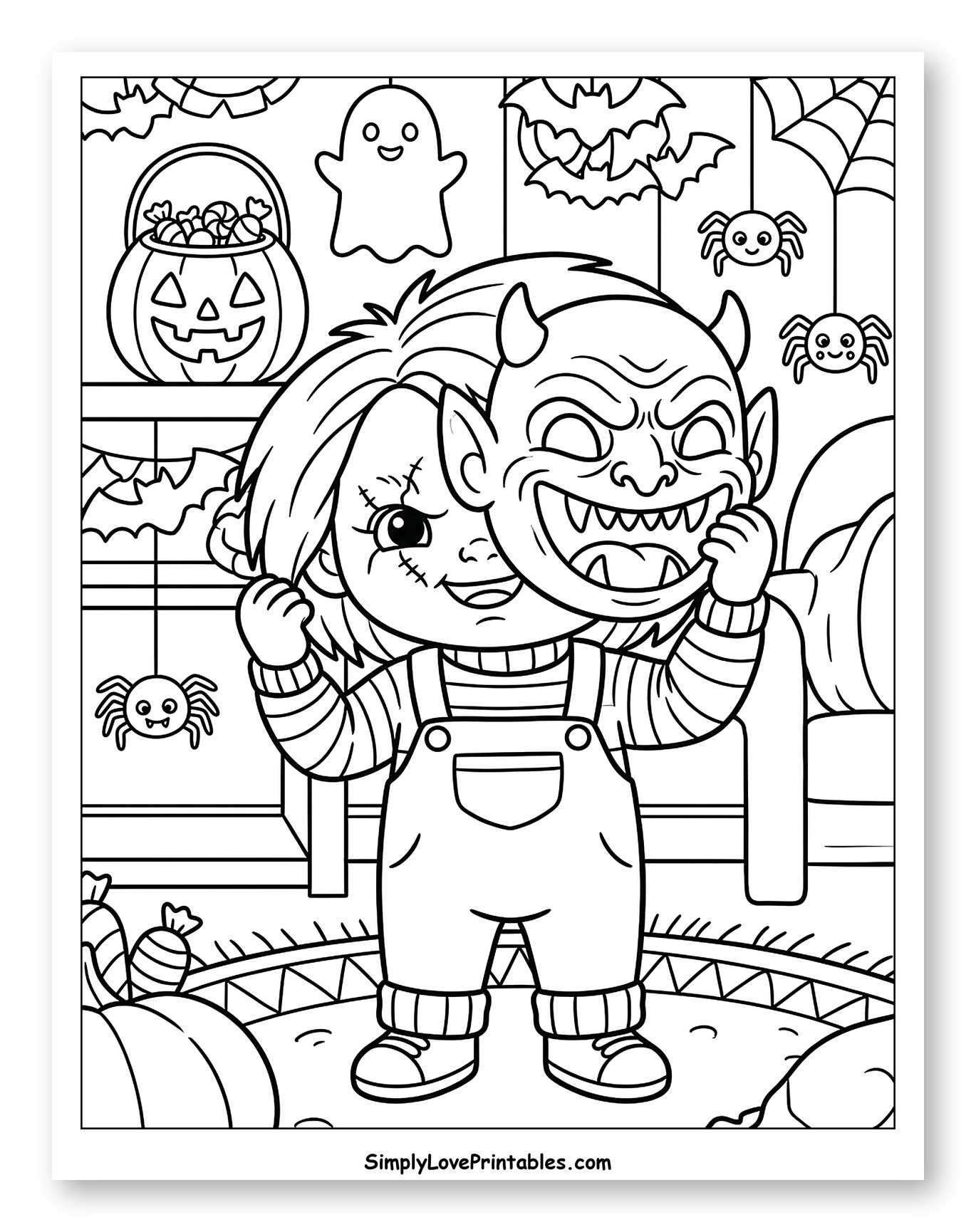 Chucky Doll with Devil Mask and Halloween Decor