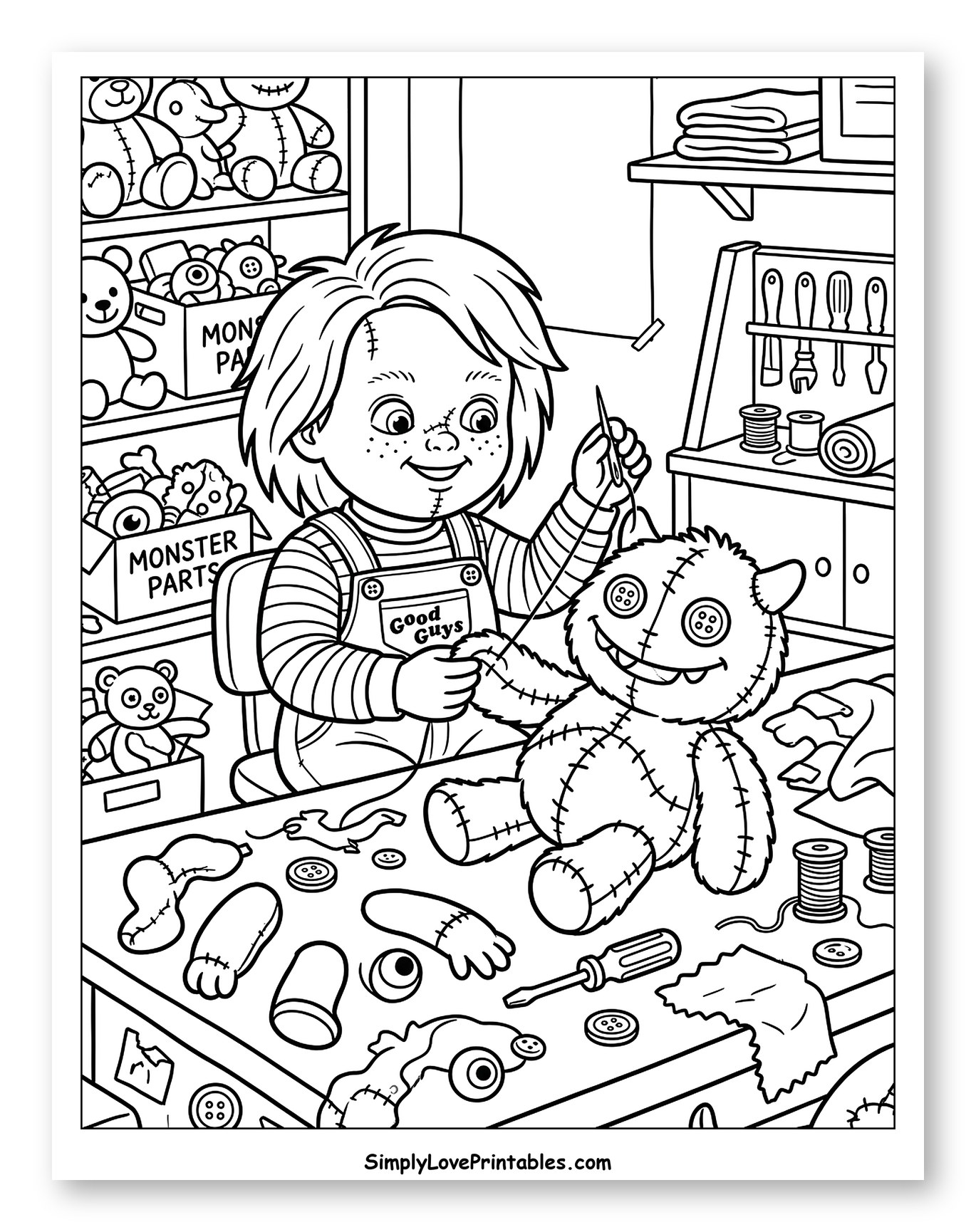 Chucky Making a Stuffed Monster Toy