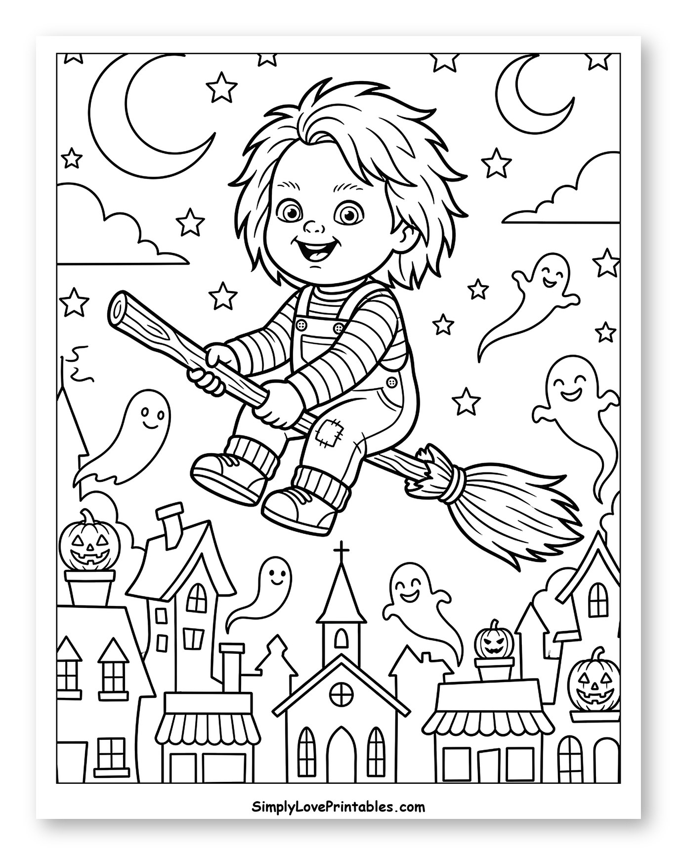 Chucky Riding a Broom over a Halloween Town