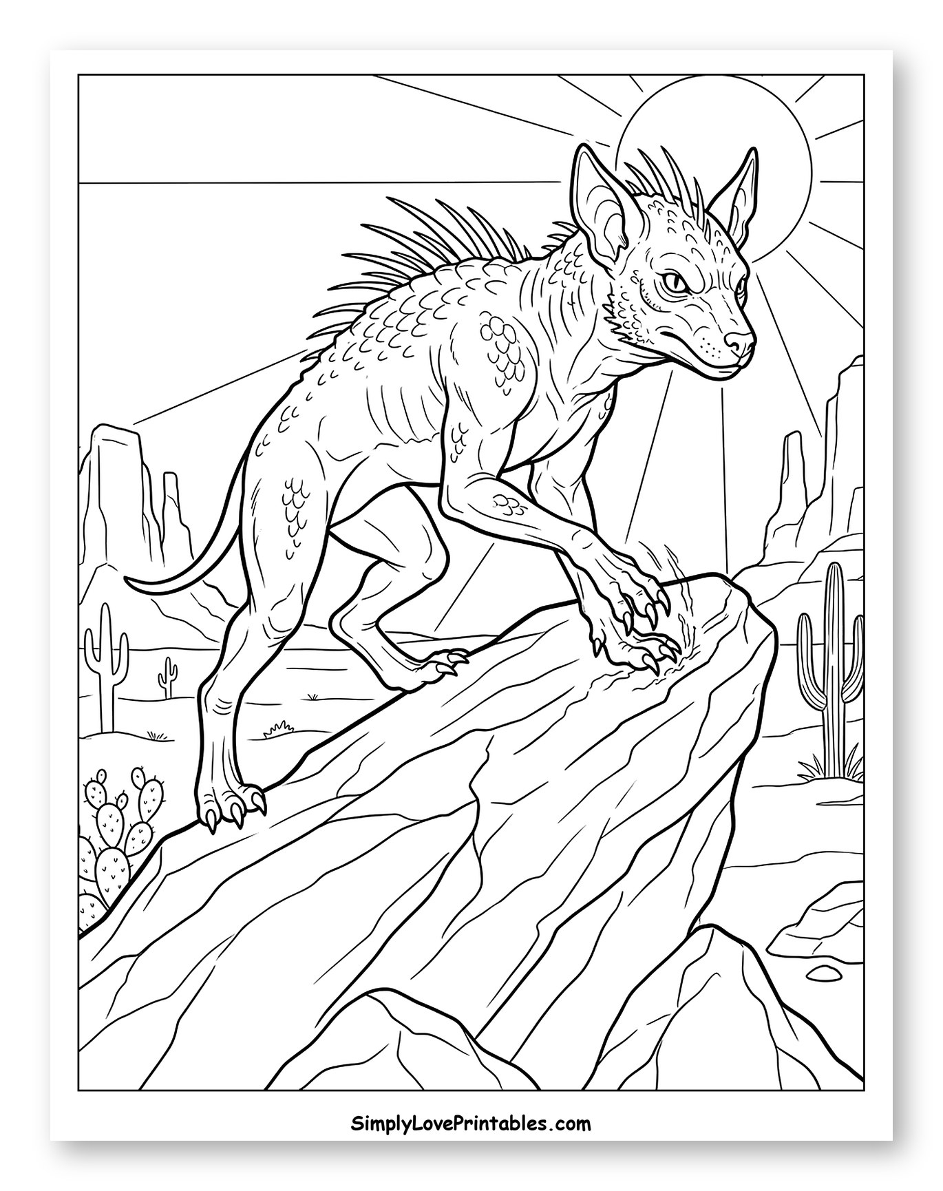 Chupacabra Perched on Rock in Sunny Desert Coloring Sheet