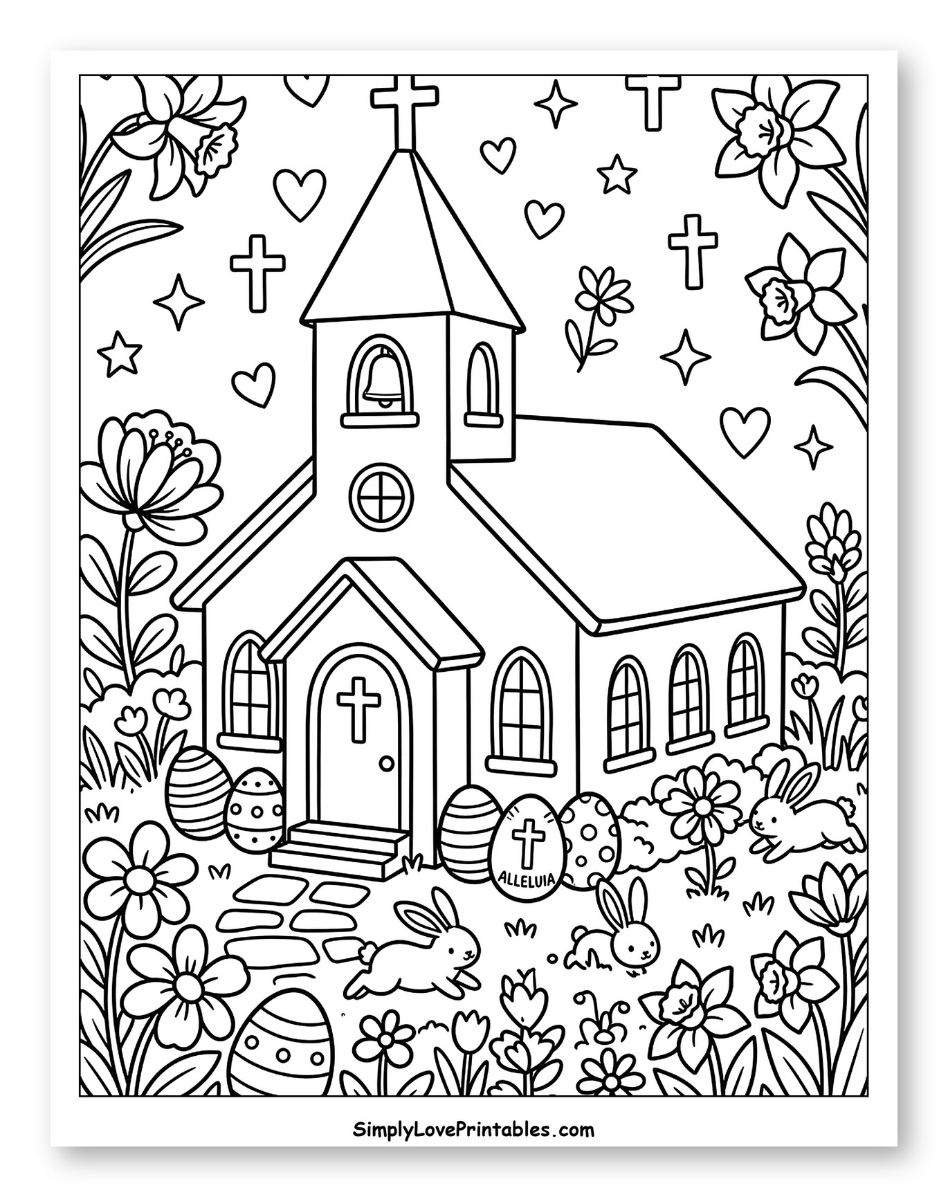 Church and Bunnies with Easter Eggs and Flowers Coloring Sheet for Adults