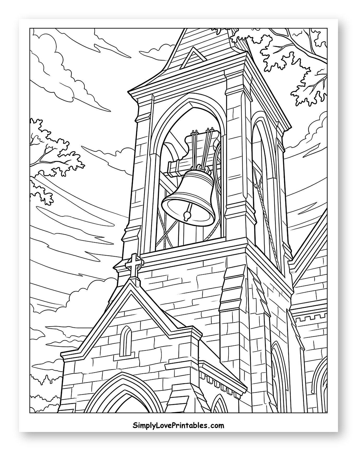 Church Bell Tower with Bell Inside Coloring Page