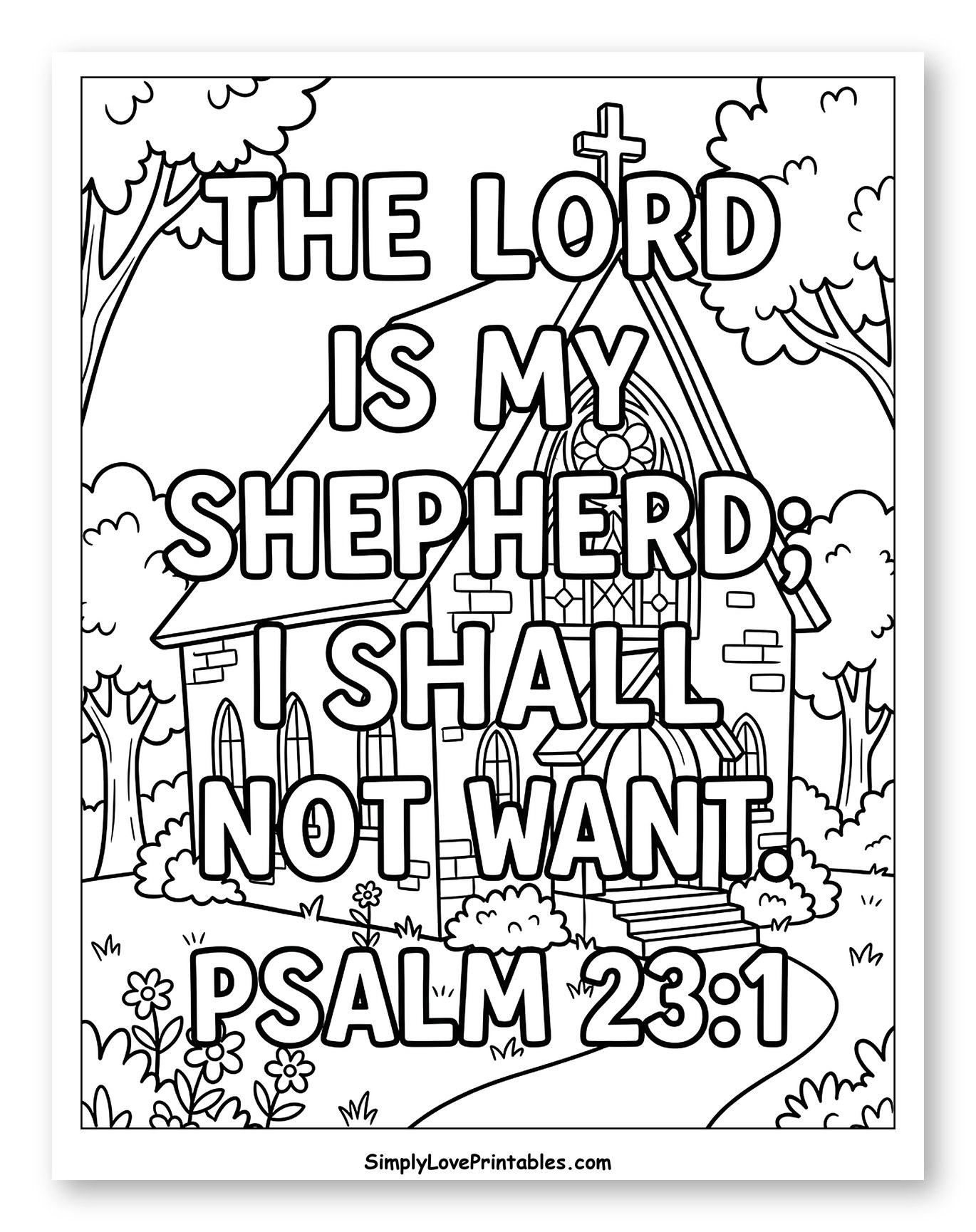 Church Scene with "The Lord is My Shepherd" Bible Verse Coloring Sheet for Kids