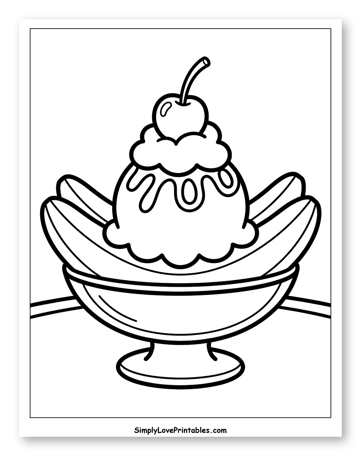 Classic Banana Split Sundae Coloring Page for Toddlers