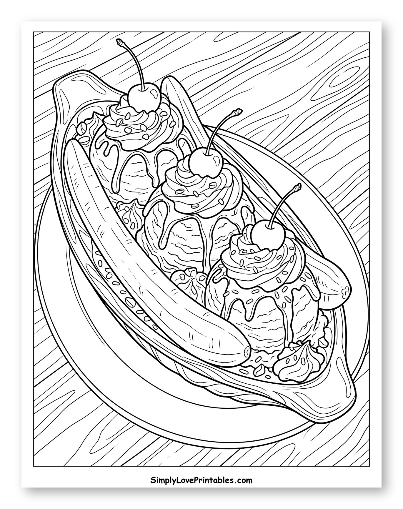 Classic Banana Split with Cherries and Sprinkles Coloring Page