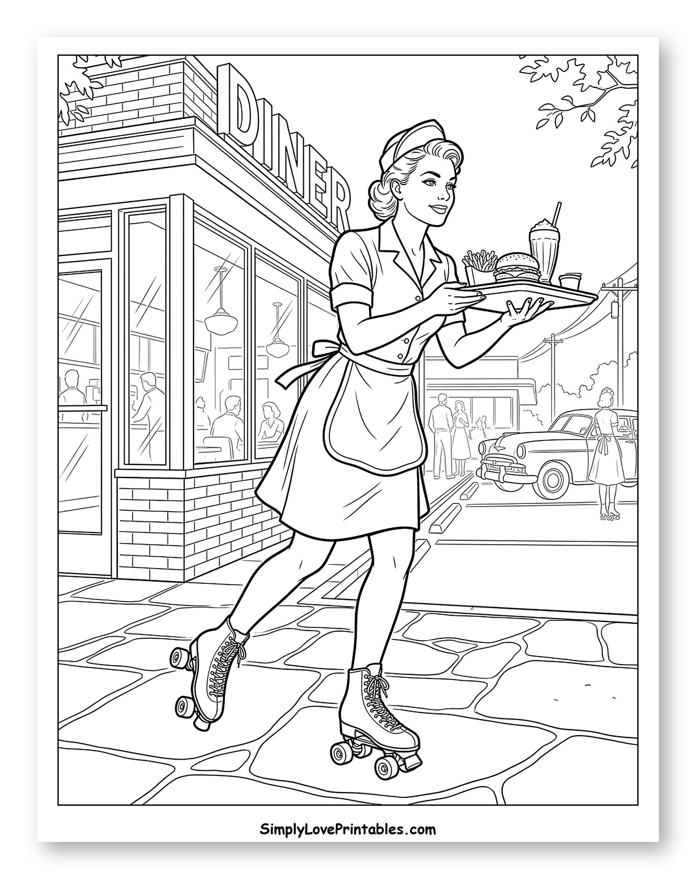 Classic Diner Waitress on Roller Skates to Color