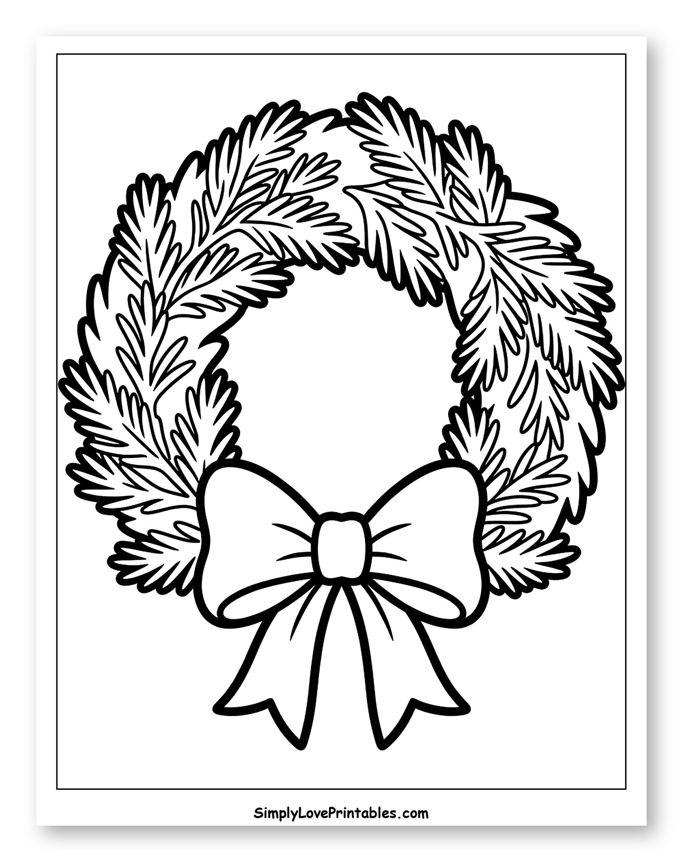 Classic Evergreen Christmas Wreath with Bow Coloring Page for Toddlers