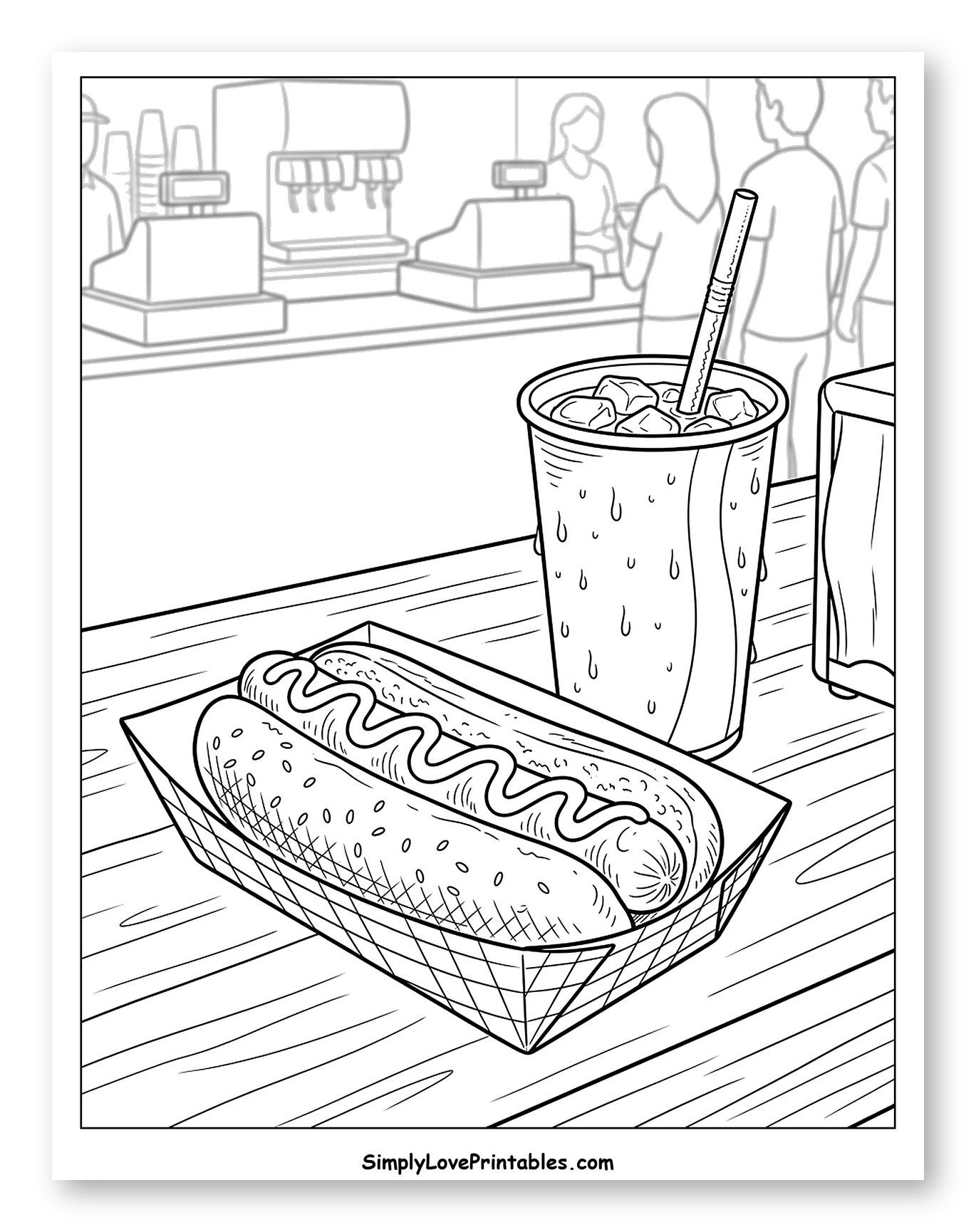 Classic Hot Dog and Soda at a Diner Coloring Page