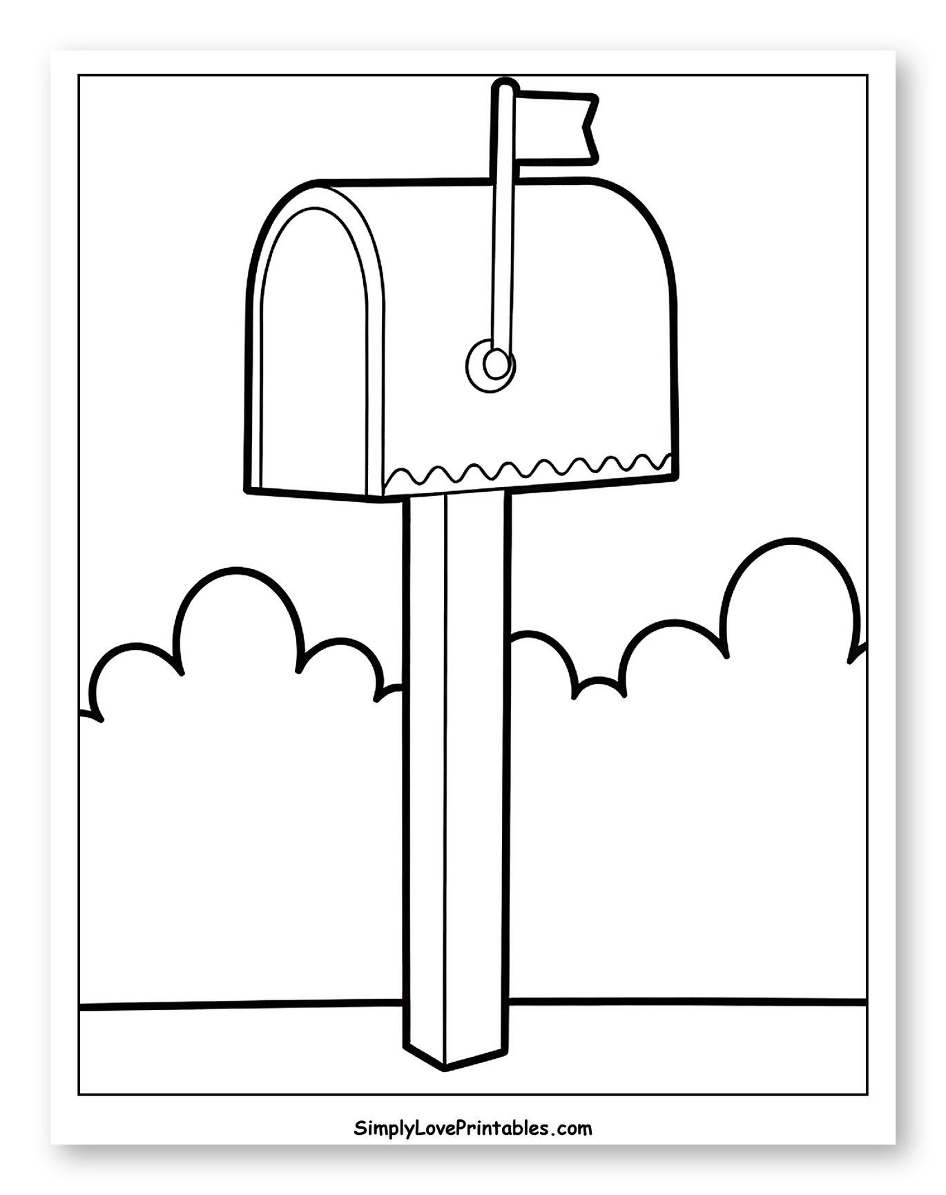 Classic Mailbox with Flag and Bushes Coloring Sheet for Toddlers