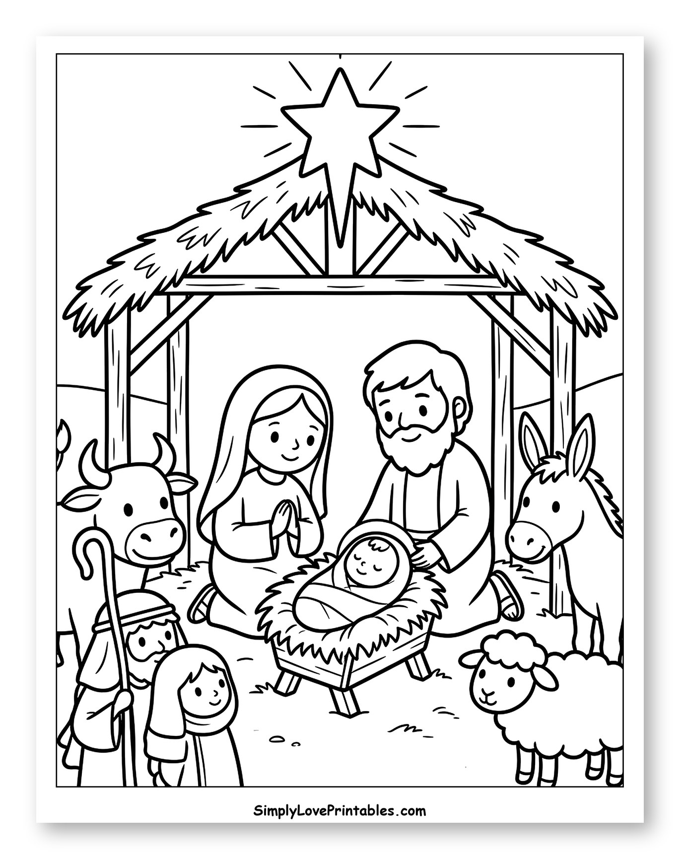 Classic Nativity Scene with Shepherds and Animals Coloring Page for Toddlers