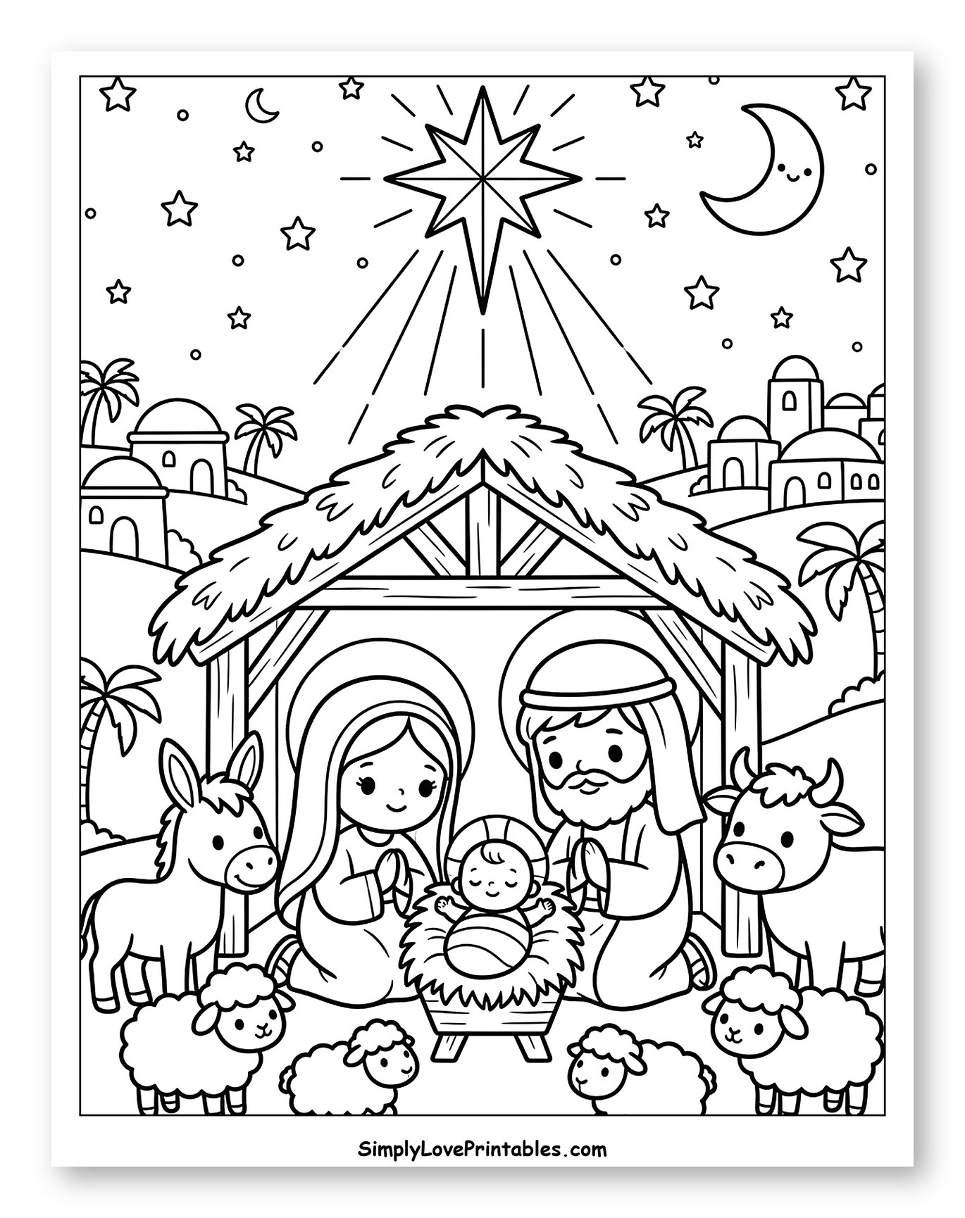 Classic Nativity Scene with Star and Animals Coloring Sheet for Kids