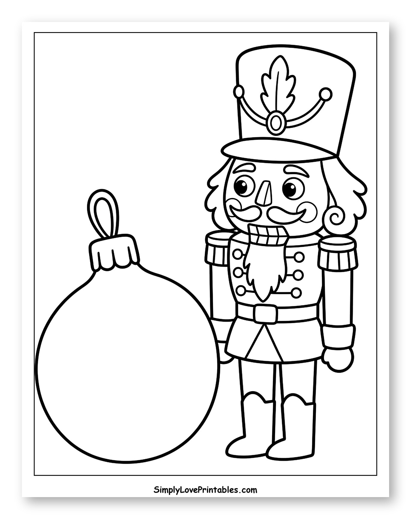 Classic Nutcracker Standing Beside a Giant Ornament Coloring Page for Toddlers