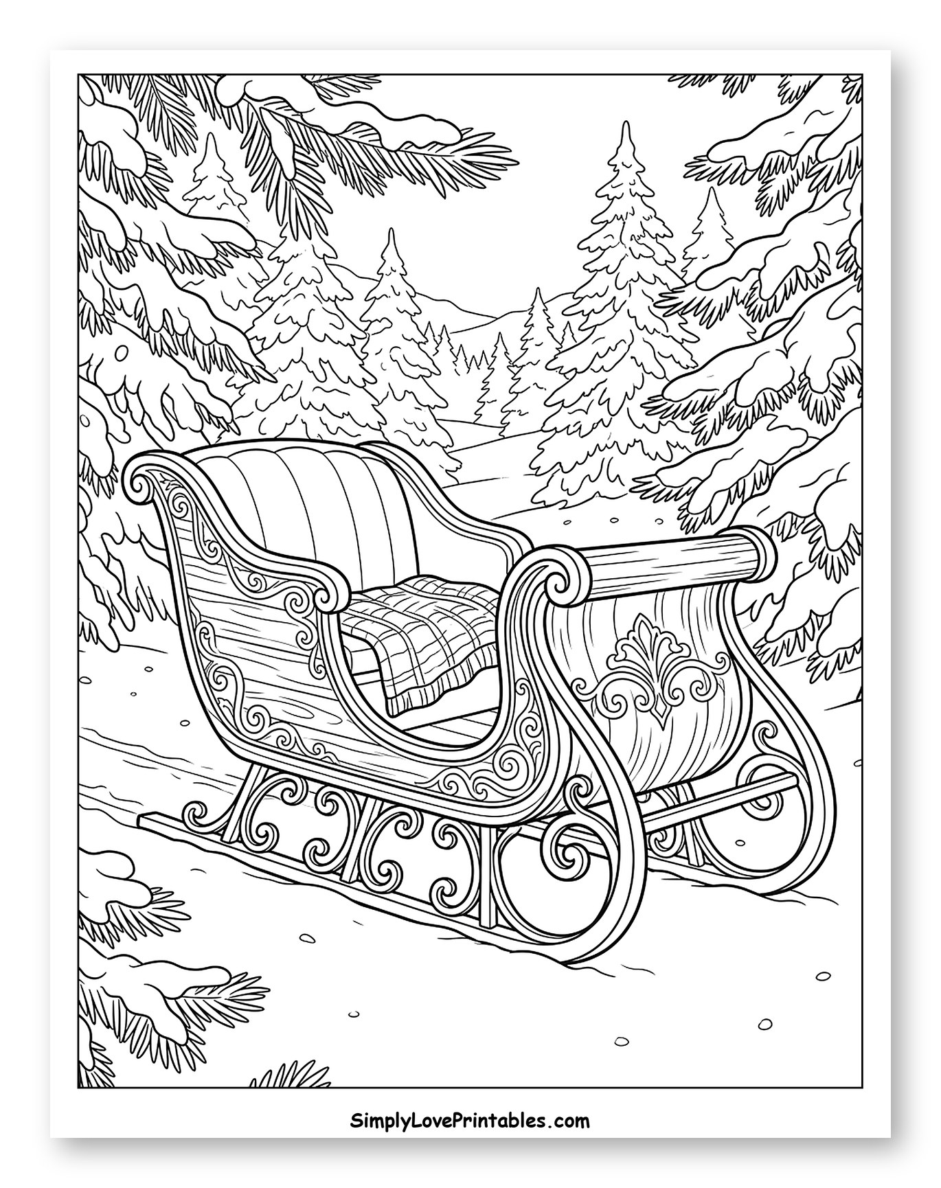 Classic Ornate Sleigh in a Winter Forest Coloring Page