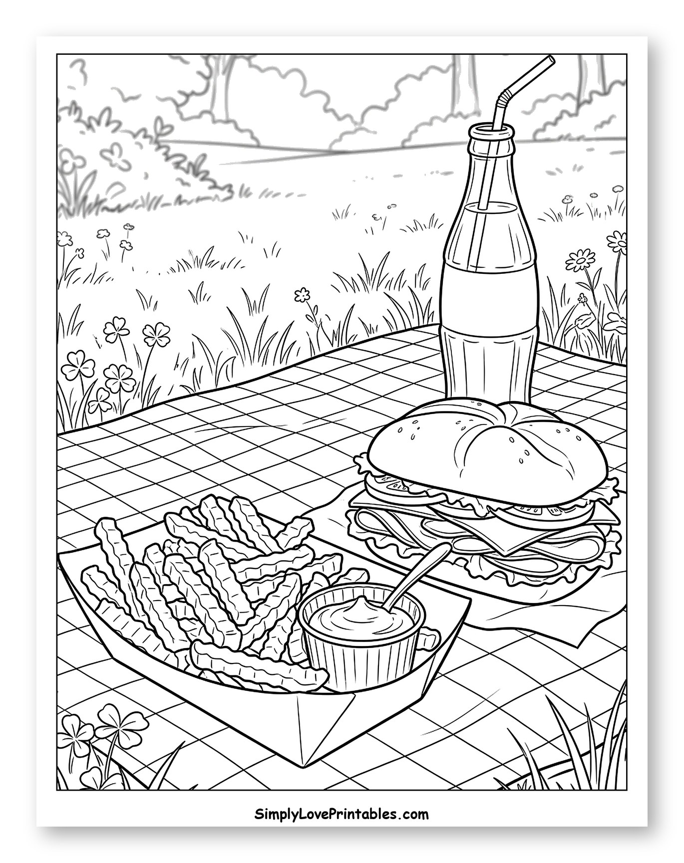 Classic Picnic Lunch with Fries and Soda to Color