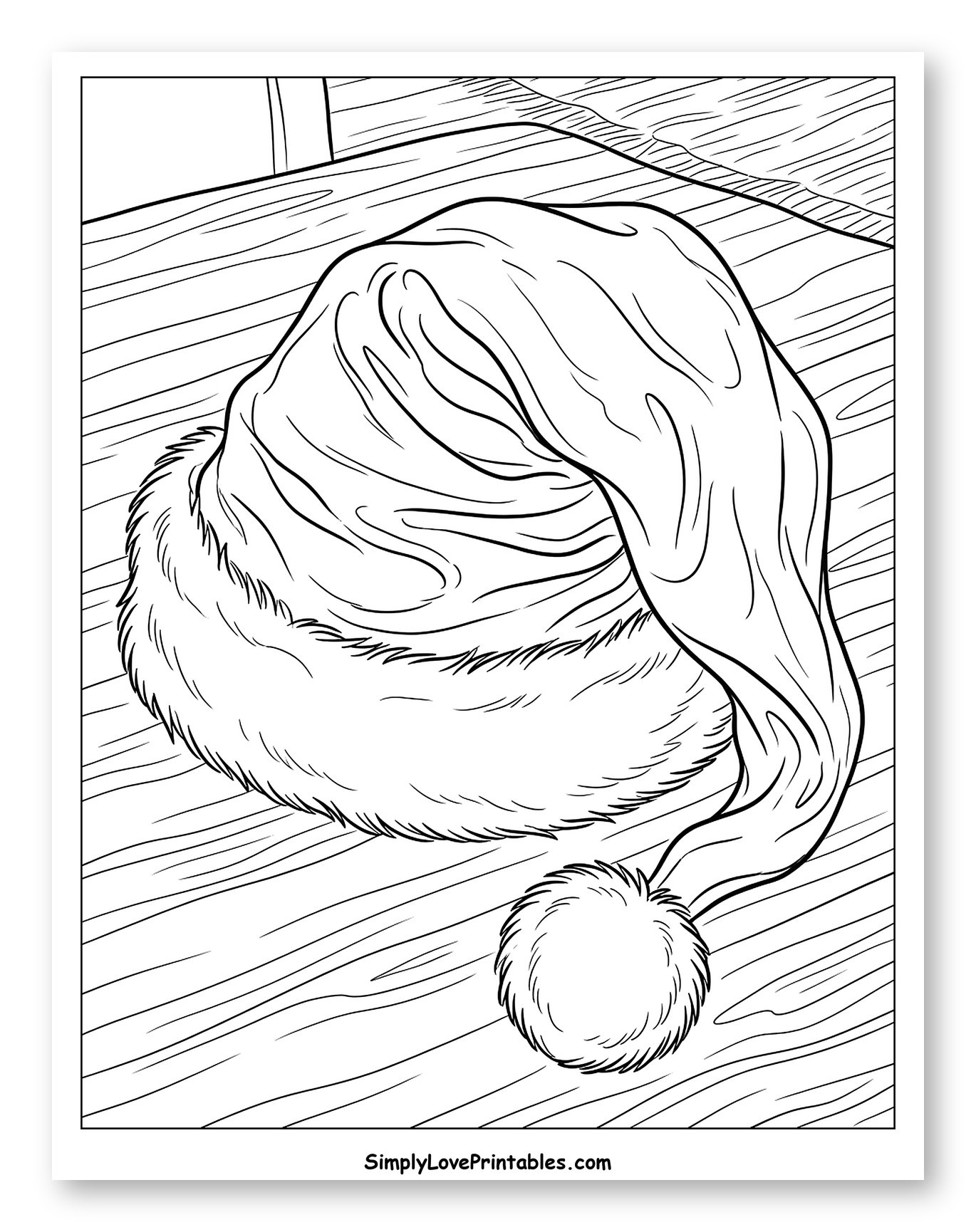 Classic Santa Hat Resting on a Wooden Table Coloring Page