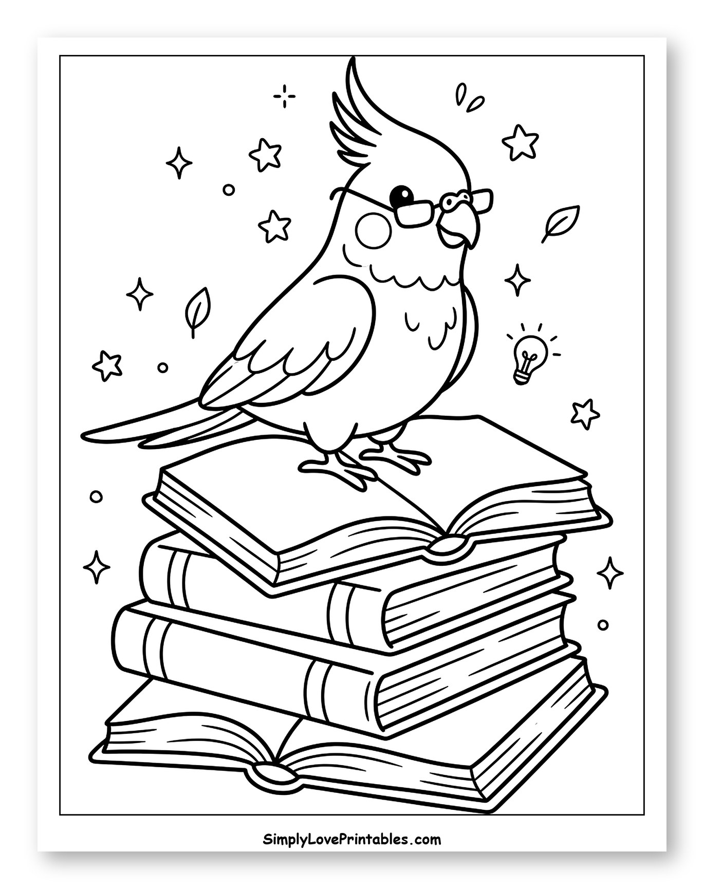 Clever Cockatiel Perched on a Stack of Books Coloring Sheet for Adults