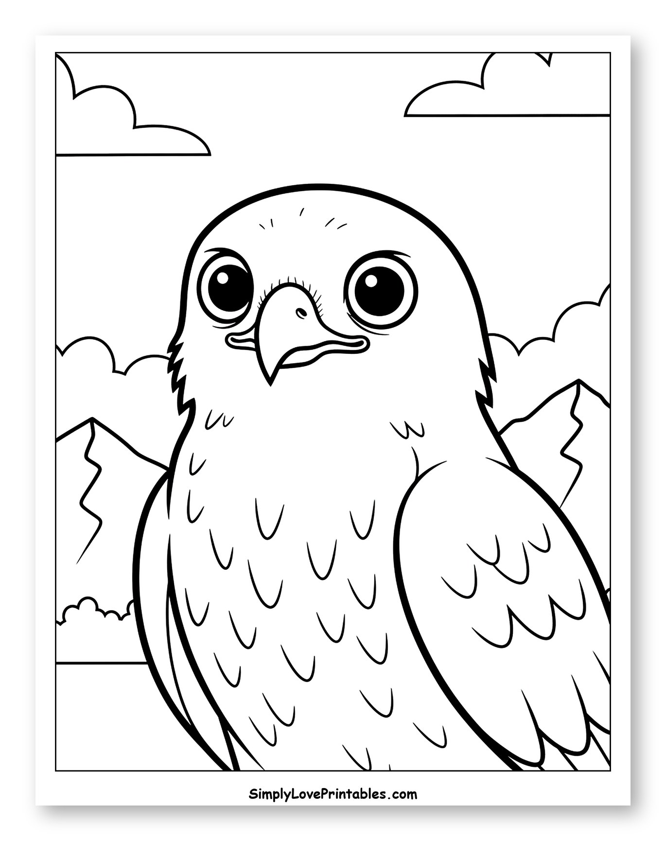Close-up of a Cute Hawk with Mountains Coloring Sheet for Toddlers