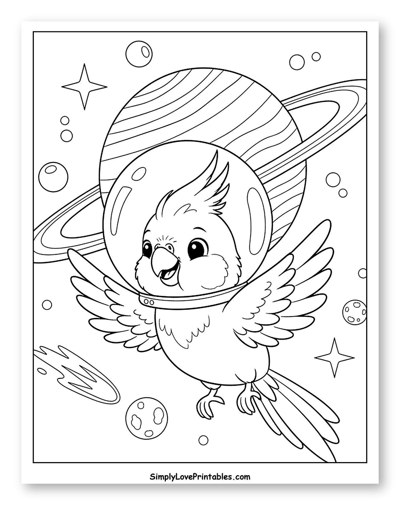 Cockatiel Astronaut Soaring Past Planets and Stars