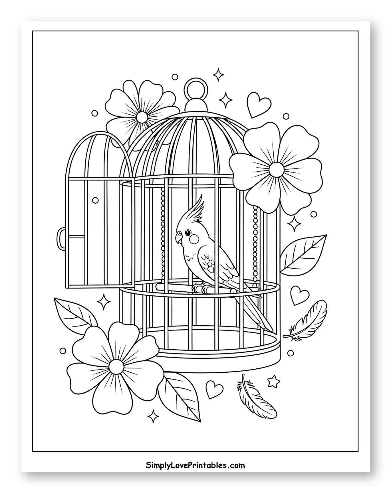 Cockatiel Bird in an Open Cage with Flowers
