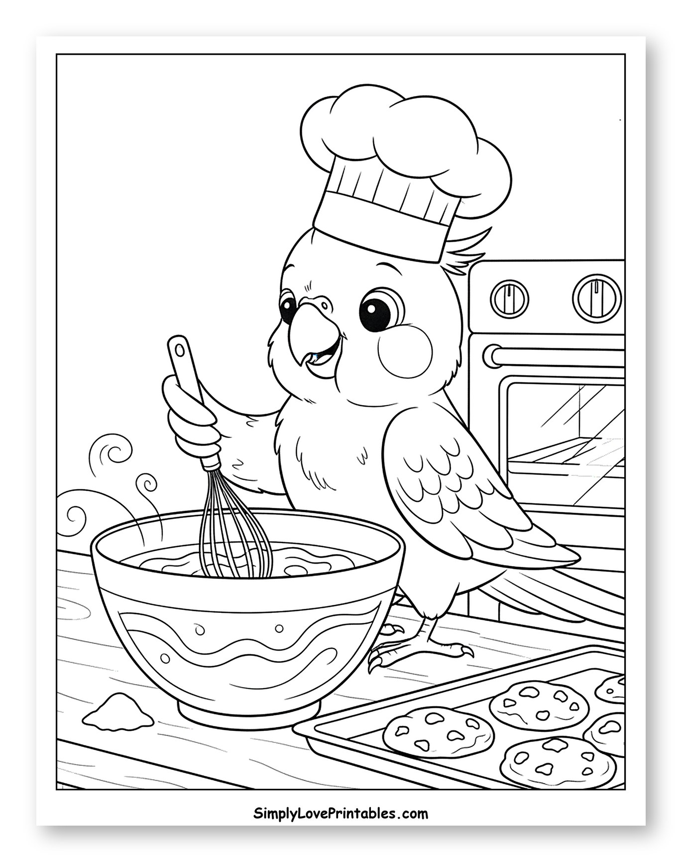 Cockatiel Chef Whisking Batter for Cookies Coloring Page for Kids