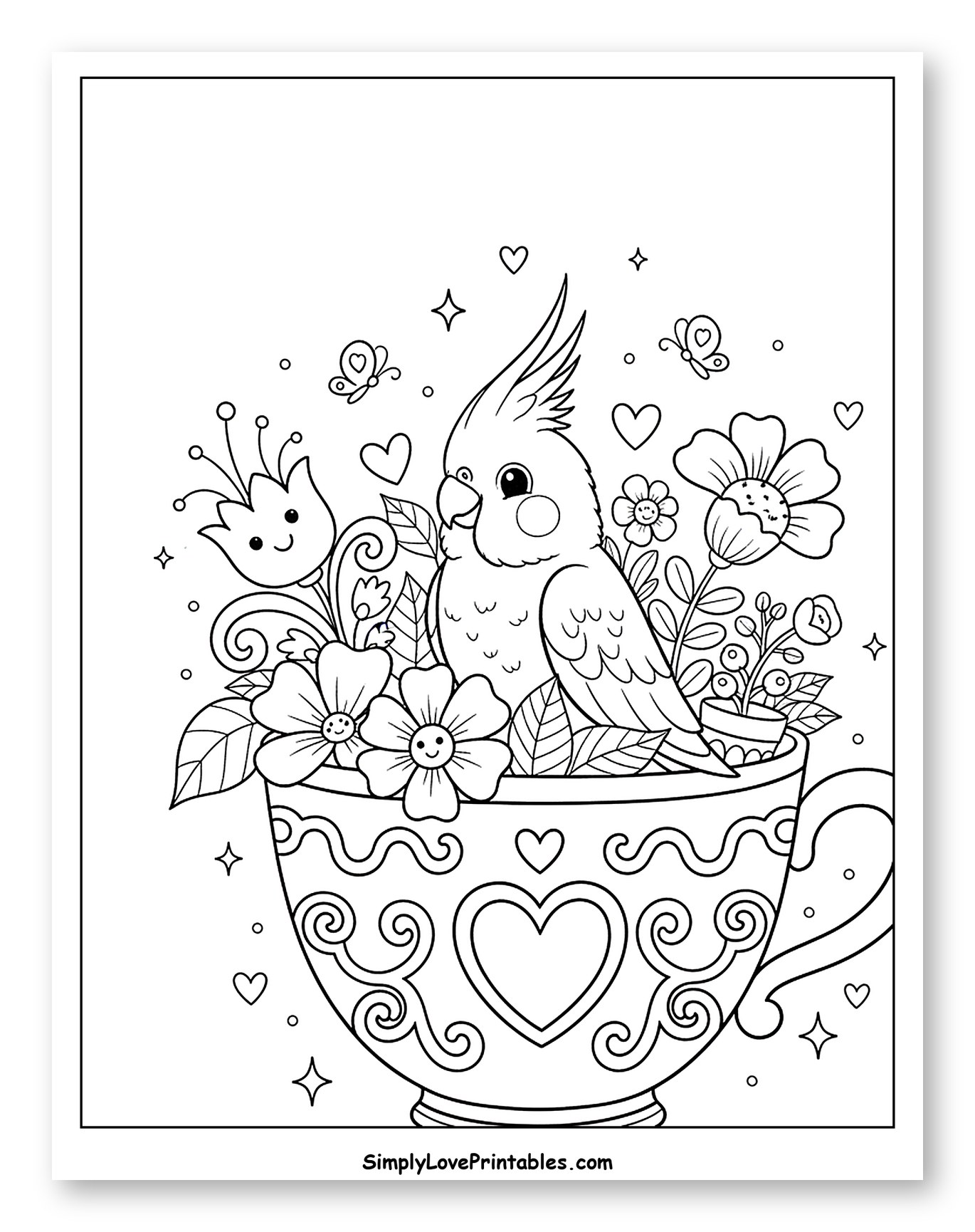 Cockatiel in a Teacup with Flowers Coloring Page for Adults