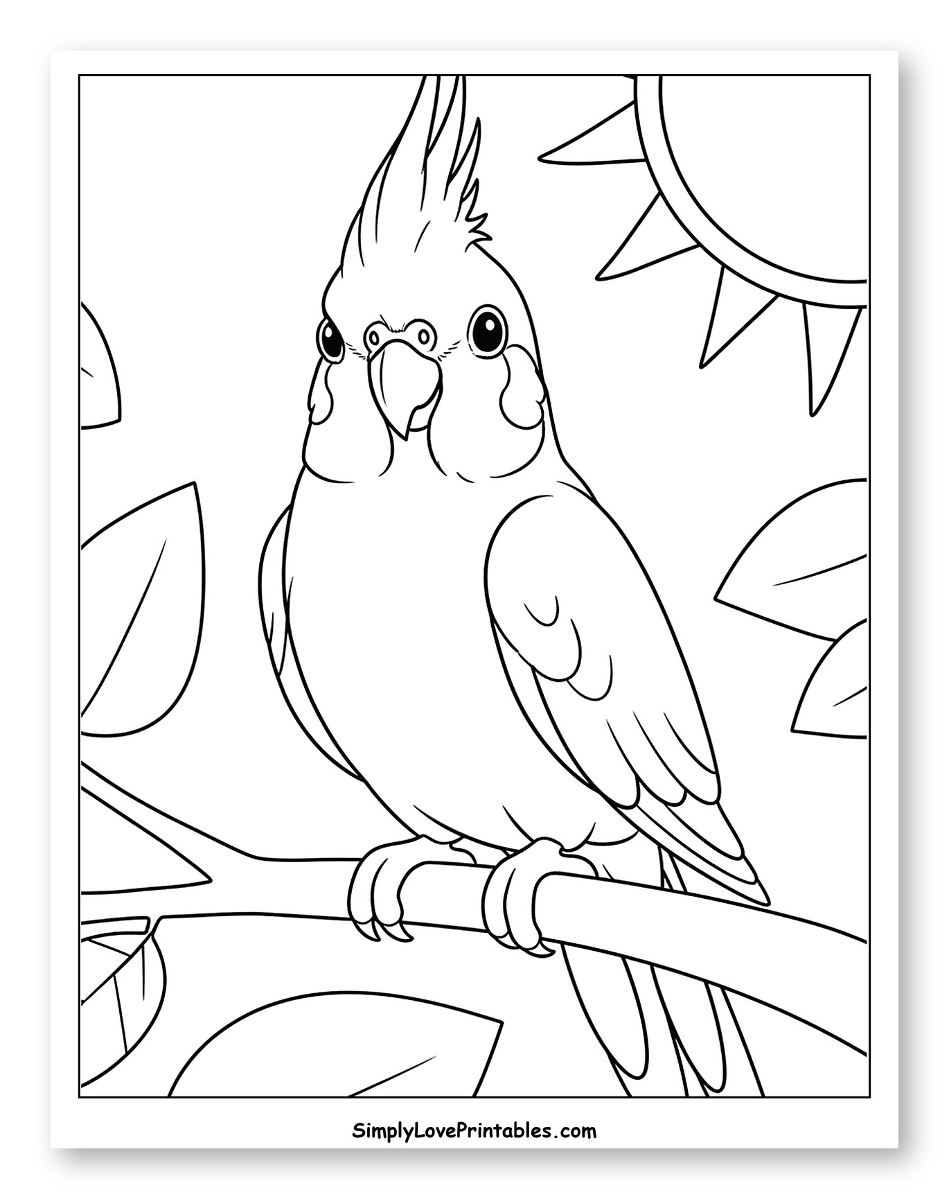 Cockatiel Perched on Branch with Sun to Color for Toddlers