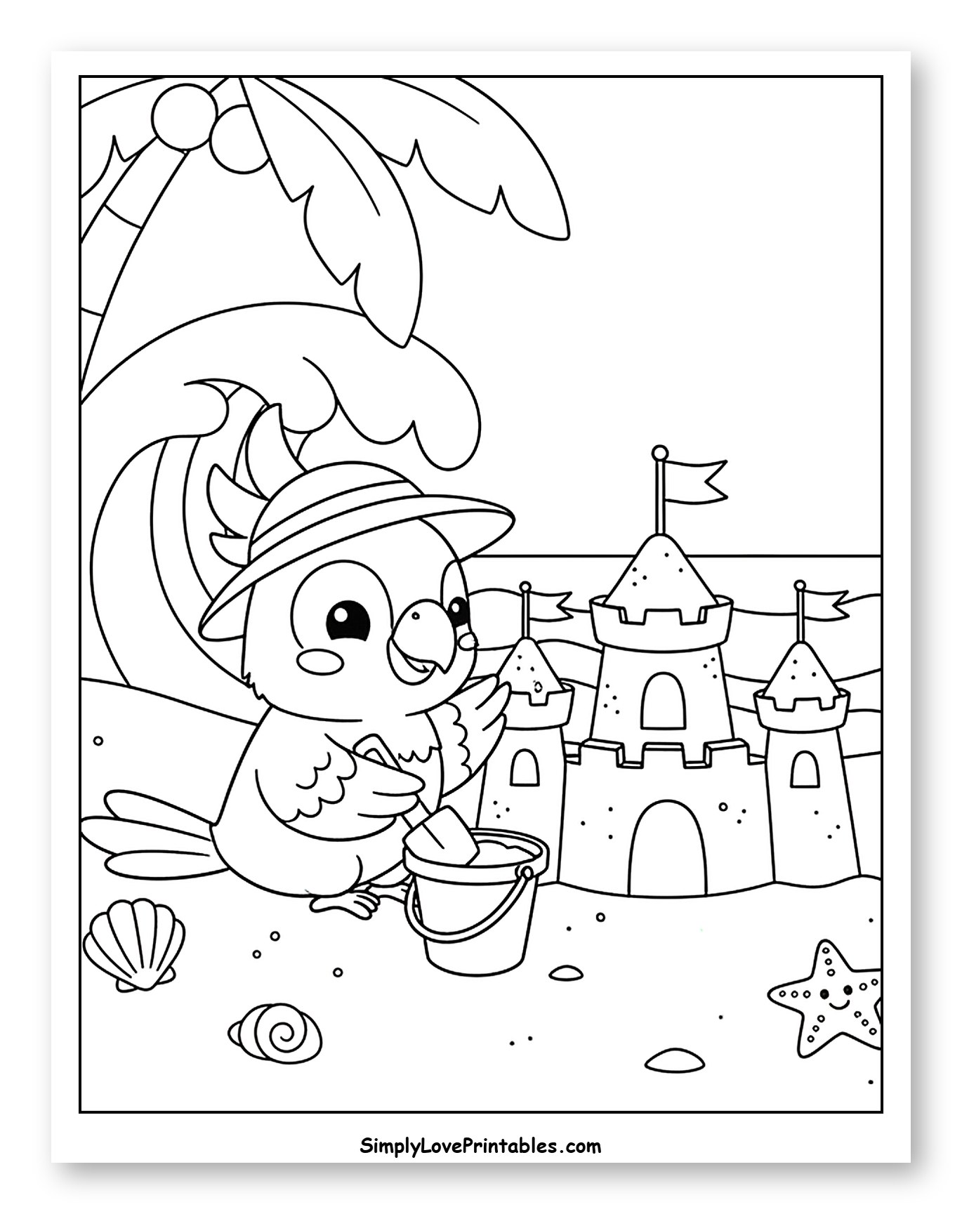 Cockatoo Building Sandcastle on Sunny Beach to Color for Kids