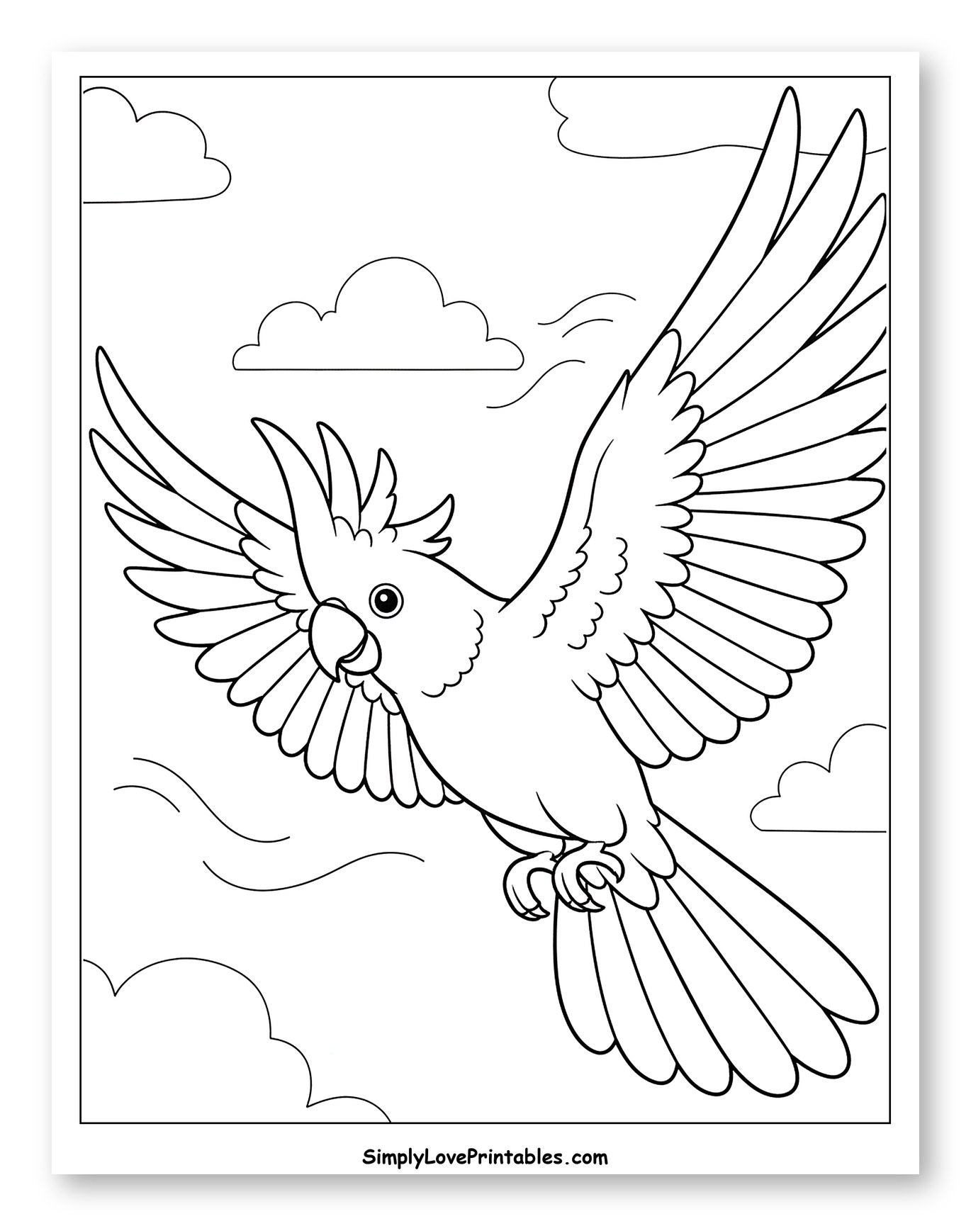Cockatoo Flying Amidst the Clouds Coloring Sheet for Toddlers