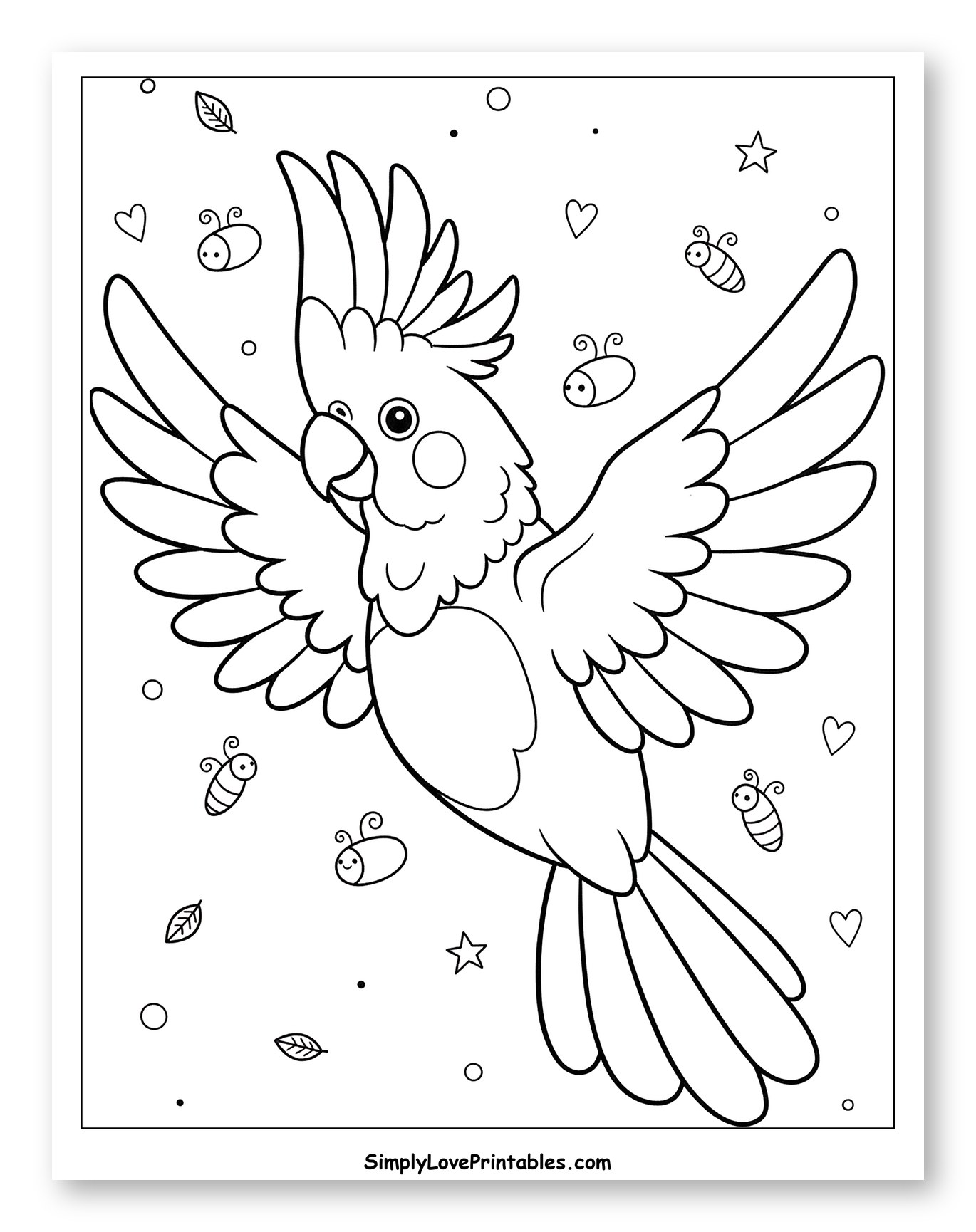 Cockatoo in Flight with Hearts and Bugs