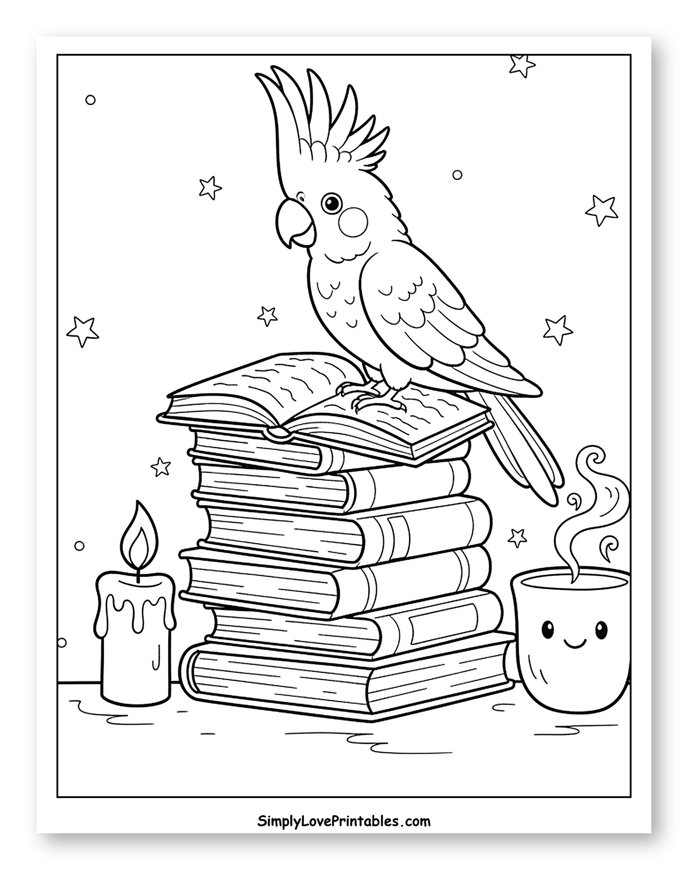 Cockatoo on Books with Candle and Mug