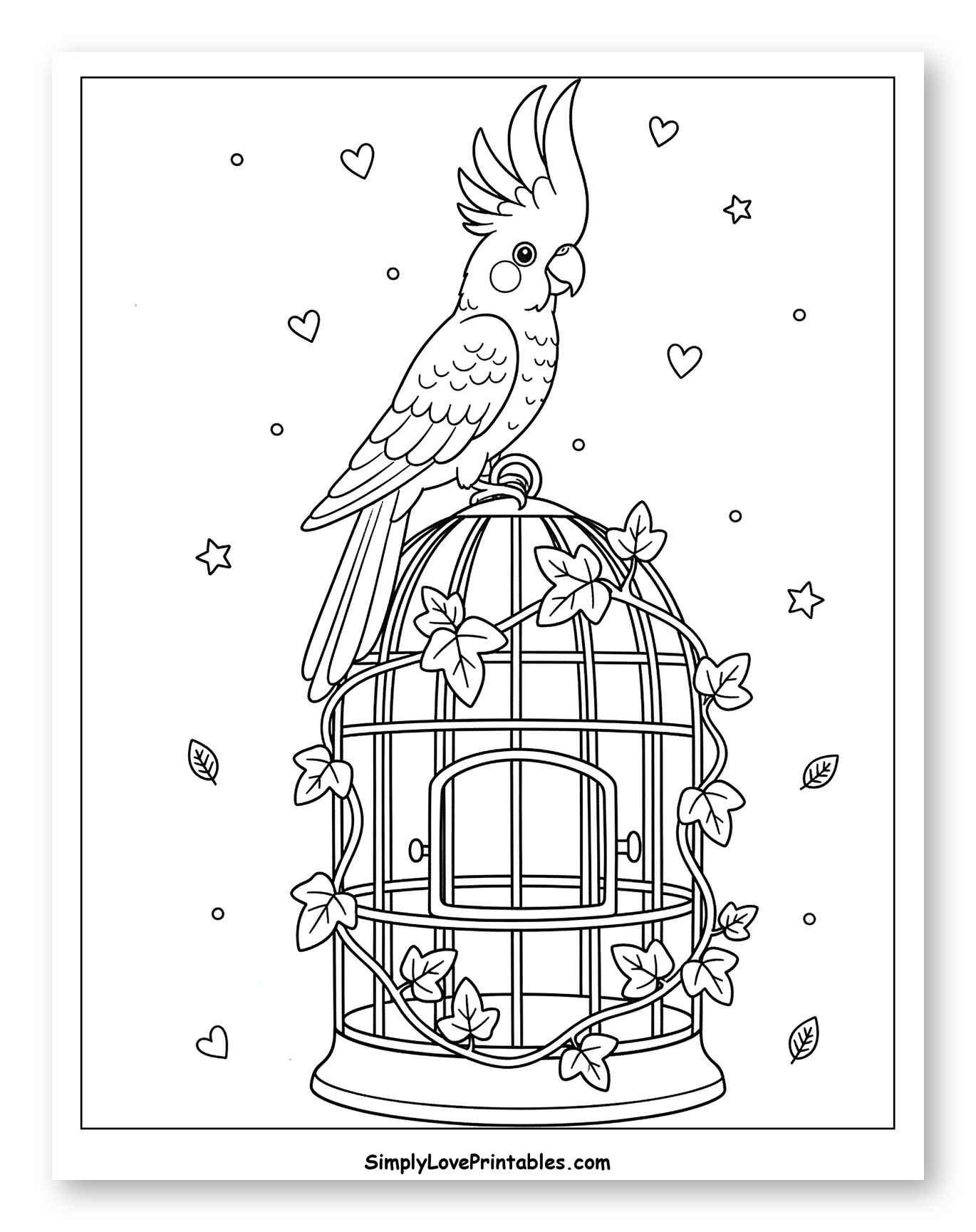 Cockatoo Perched on Ivy-Covered Birdcage Coloring Sheet for Adults