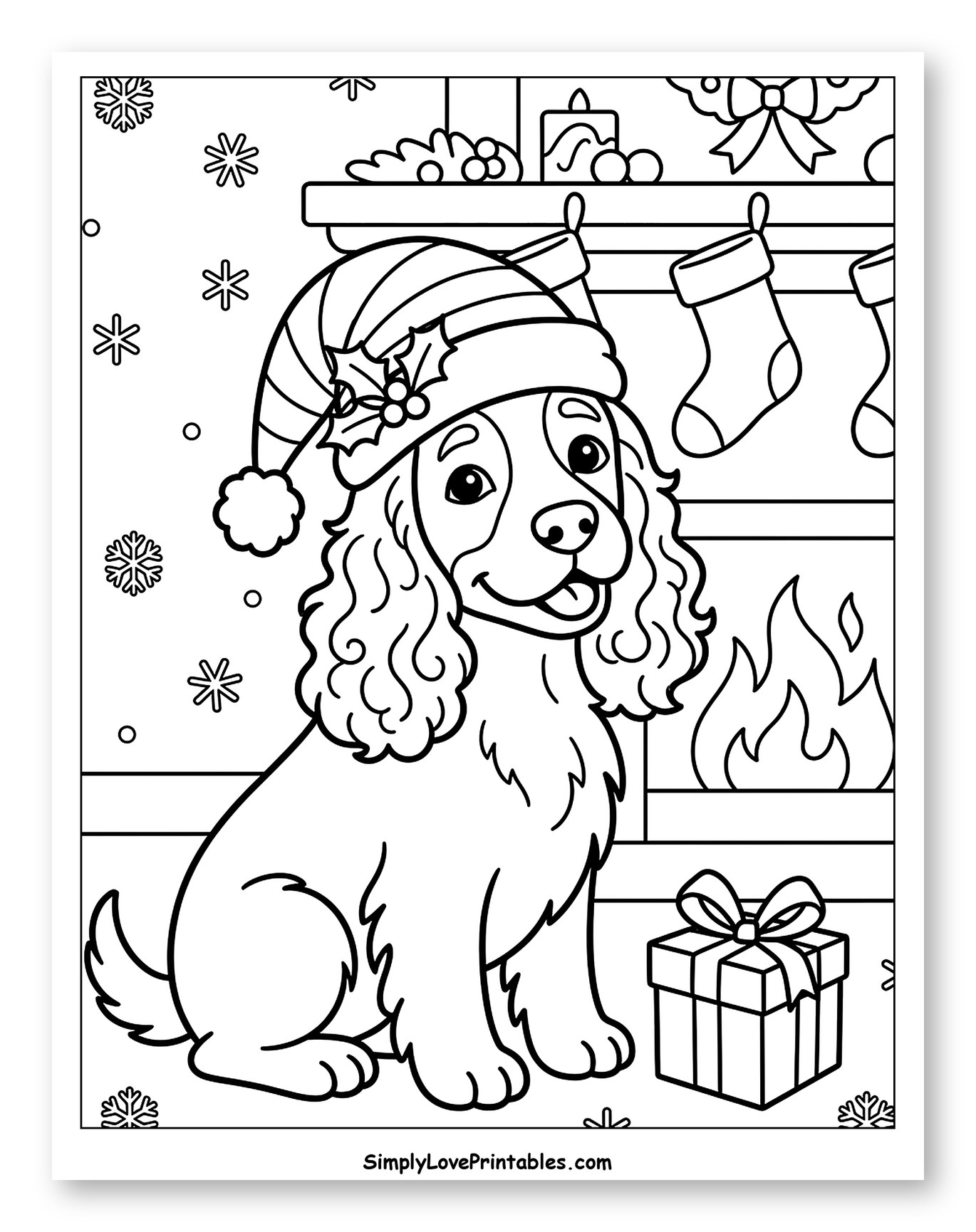Cocker Spaniel in Santa Hat by Fireplace